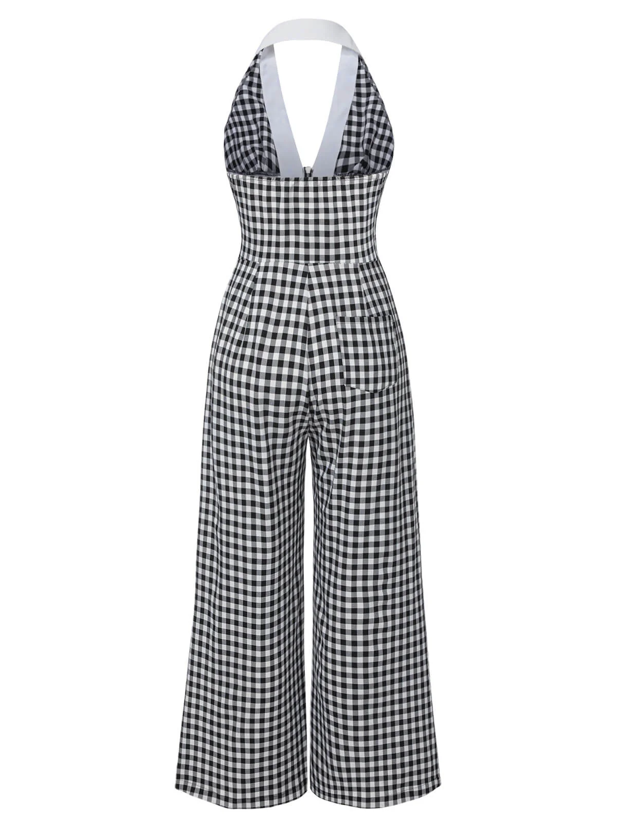 Black White 1940s Plaid Lapel Halter Jumpsuit - Image 4