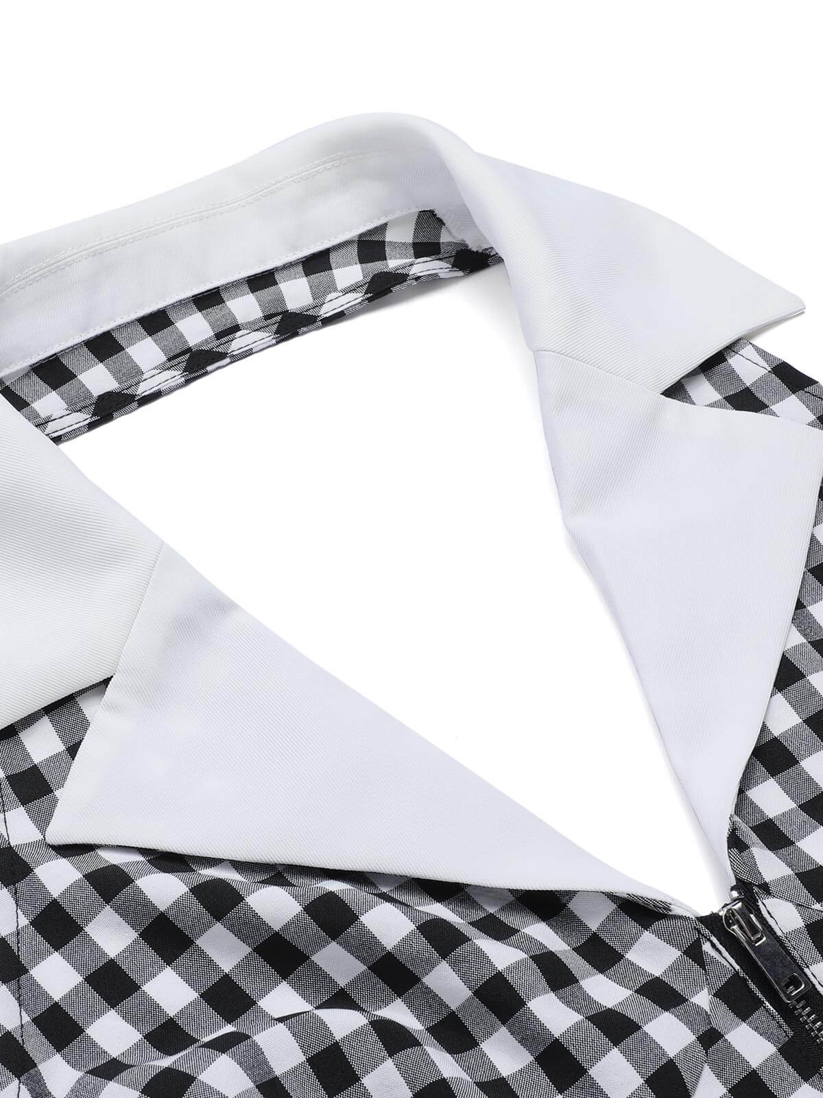 Black White 1940s Plaid Lapel Halter Jumpsuit - Image 5