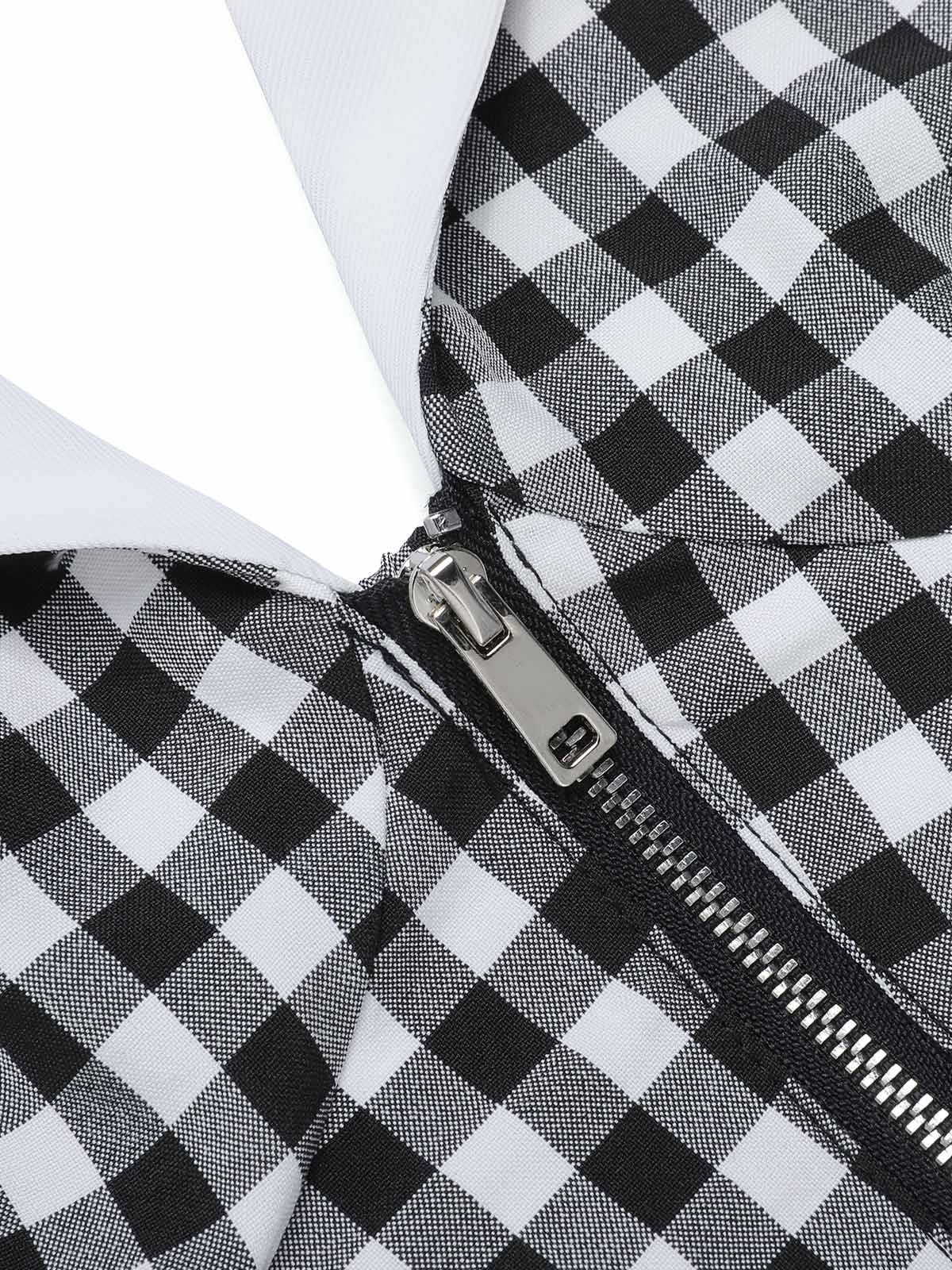 Black White 1940s Plaid Lapel Halter Jumpsuit - Image 6