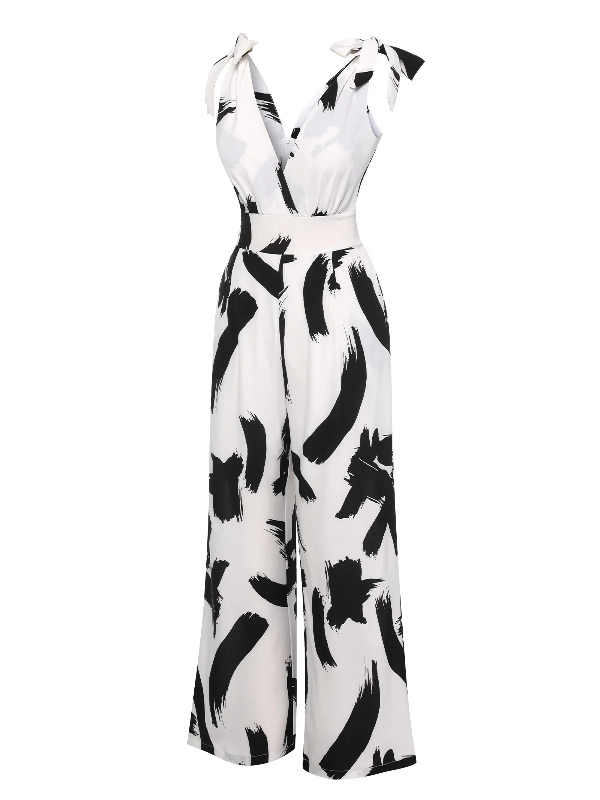 Black & White 1940s V-Neck Bohemian Jumpsuit - Image 2