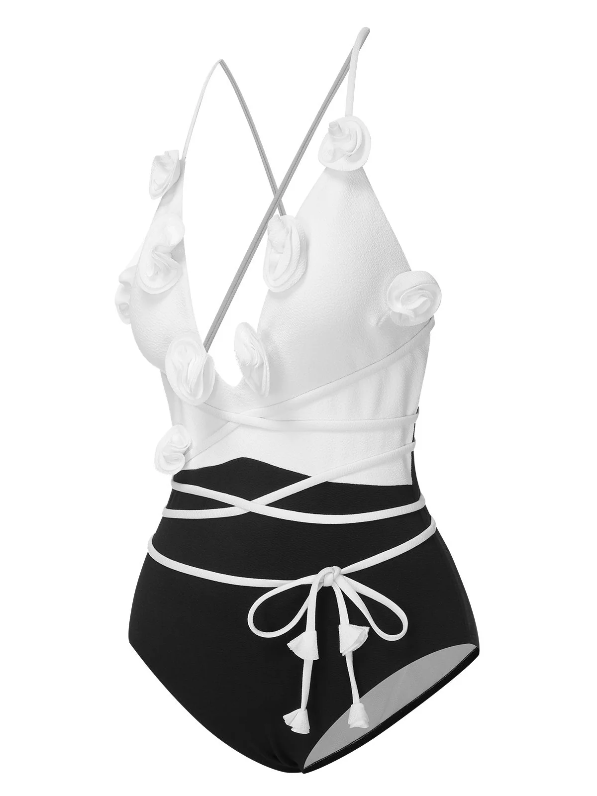 Black & White 1950s 3D Flowers Lace-Up Swimsuit - Image 2