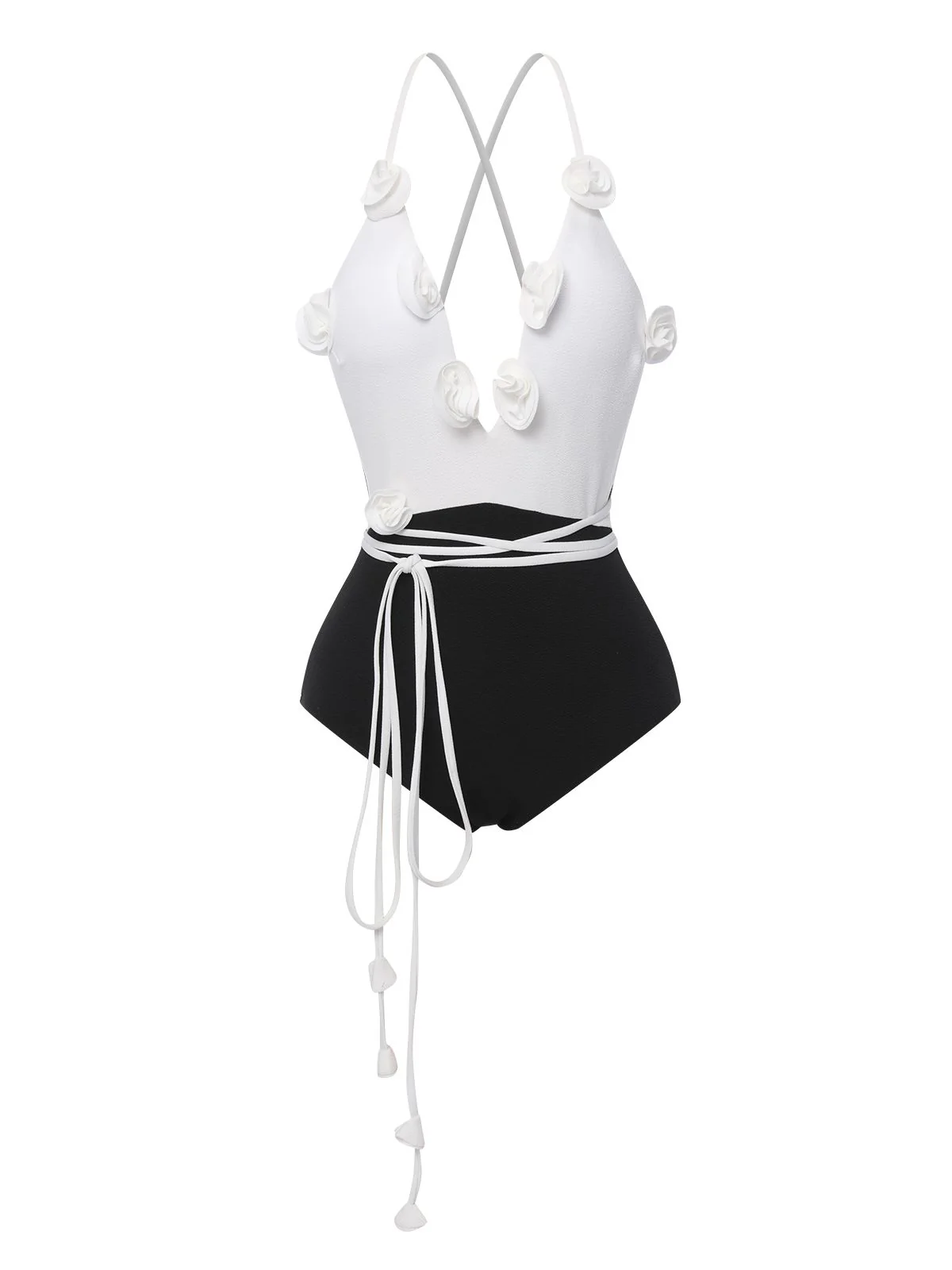 Black & White 1950s 3D Flowers Lace-Up Swimsuit - Image 3