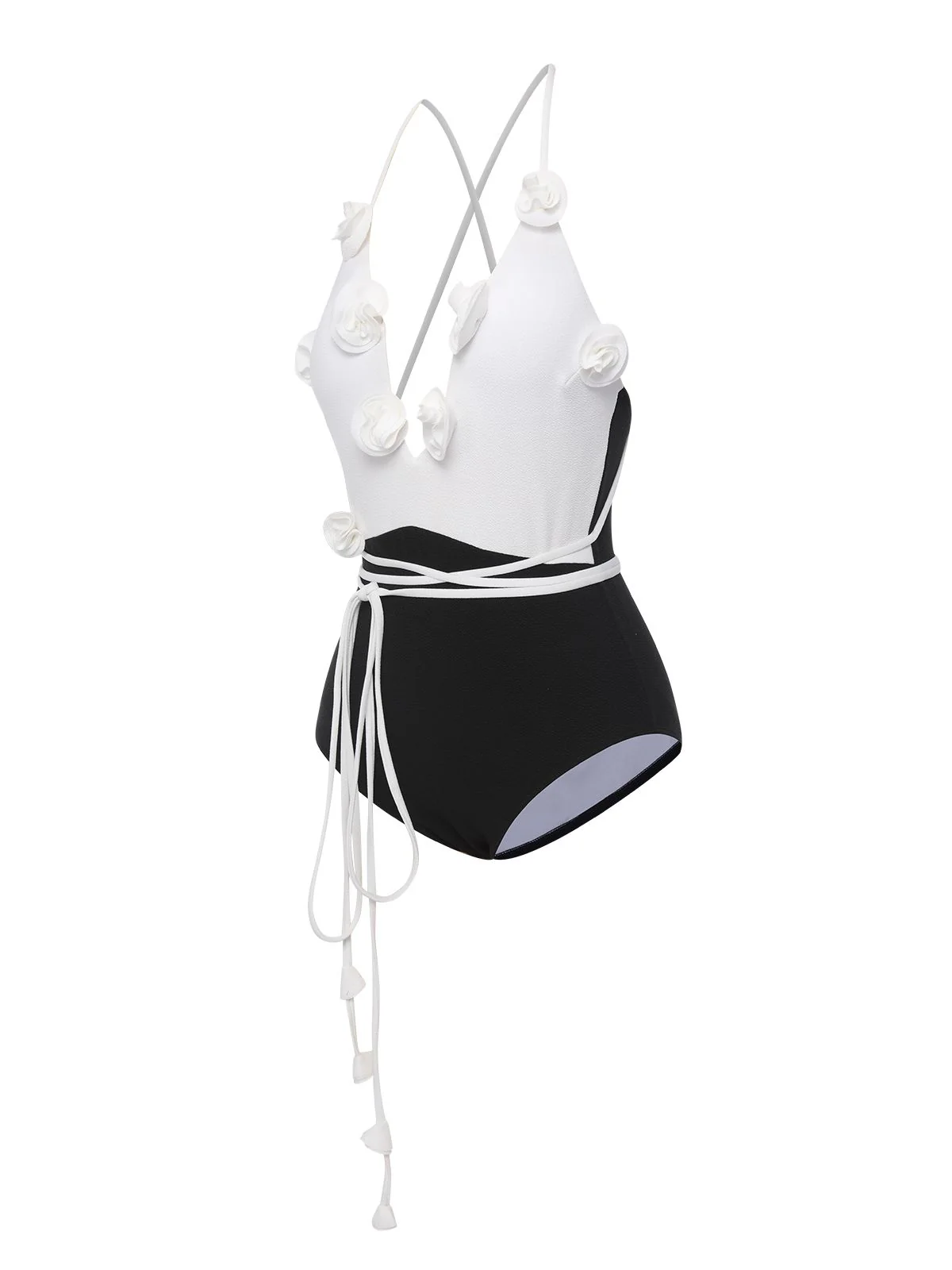Black & White 1950s 3D Flowers Lace-Up Swimsuit - Image 5