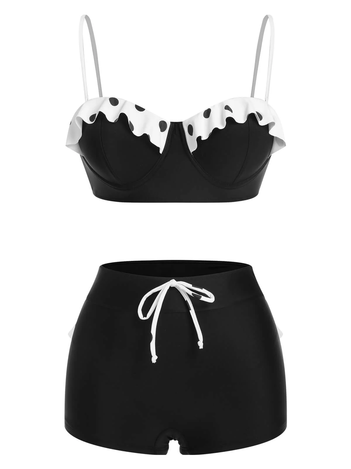 Black White 1950s Dots Layered Strap Swimsuit - Image 2