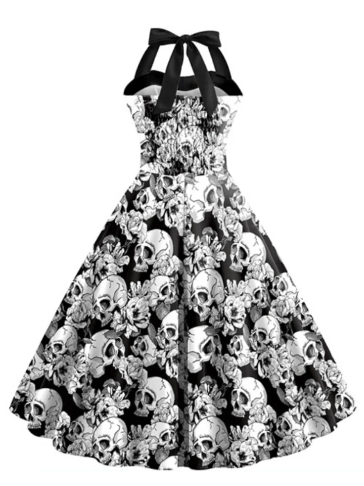 Black & White 1950s Halloween Skull Halter Dress - Image 2