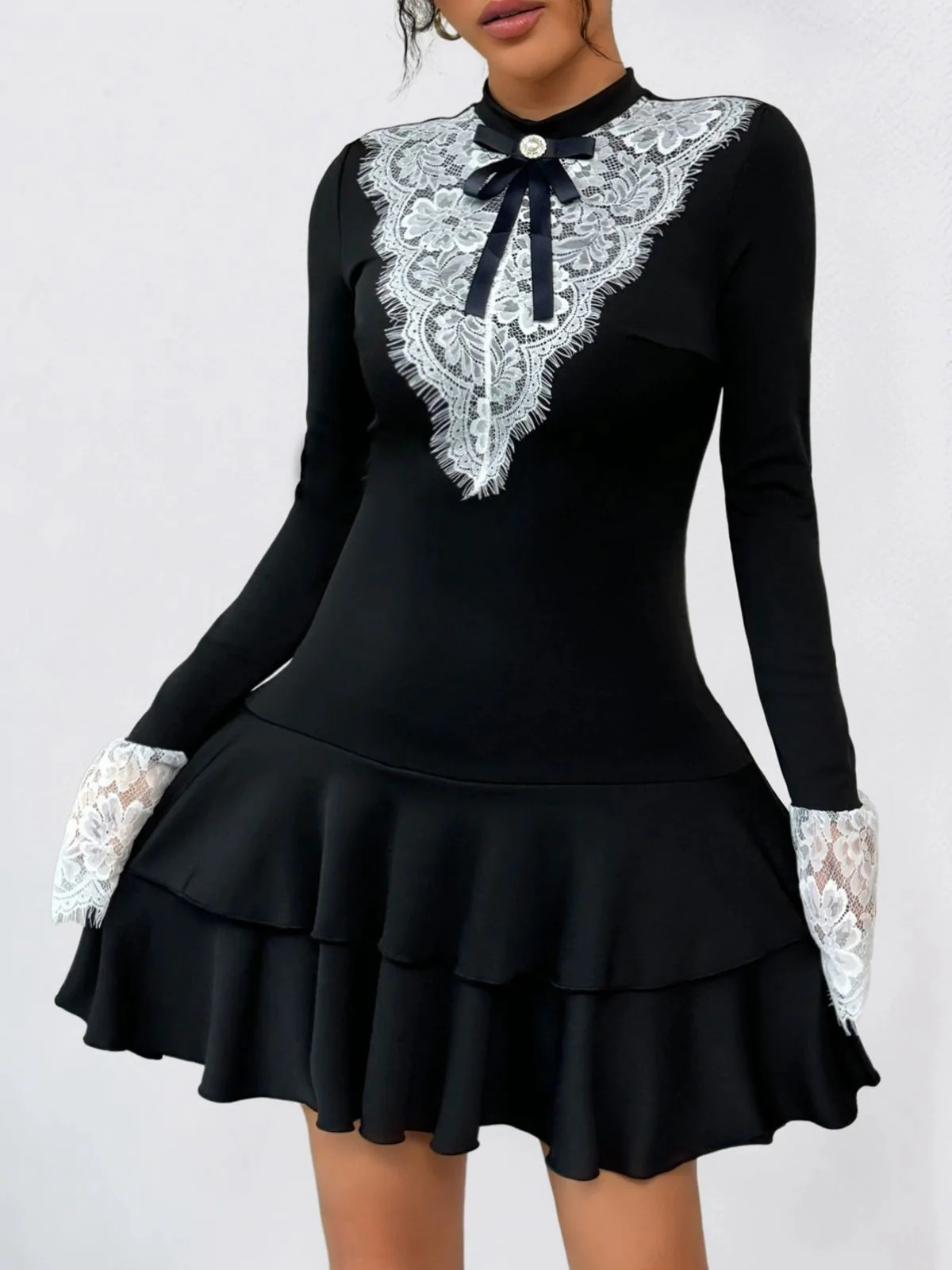 Black & White 1950s Lace Patchwork Bow Long Sleeve Dress - Image 2