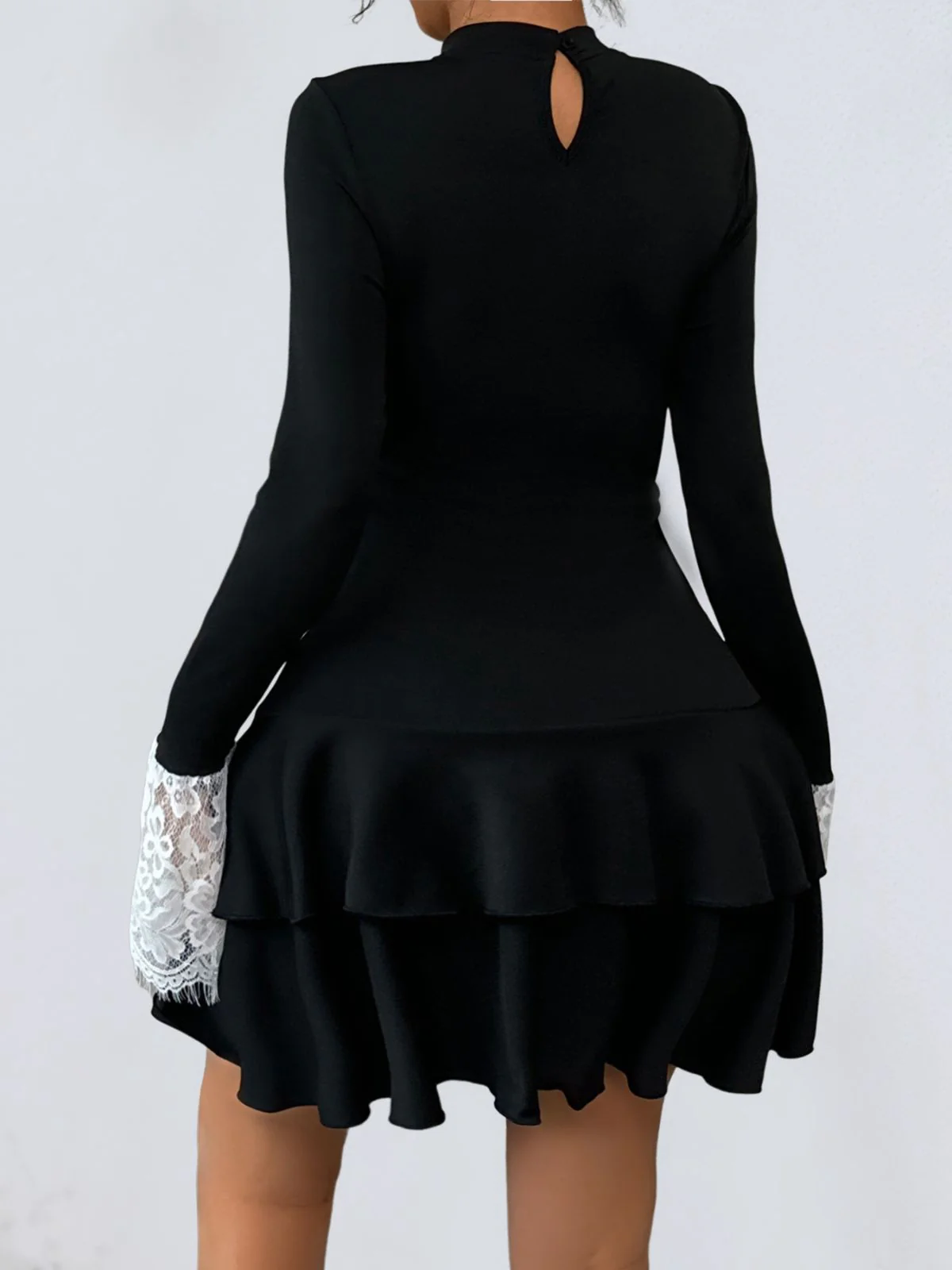Black & White 1950s Lace Patchwork Bow Long Sleeve Dress - Image 3