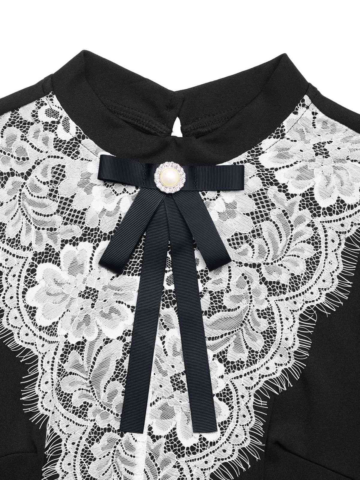 Black & White 1950s Lace Patchwork Bow Long Sleeve Dress - Image 4