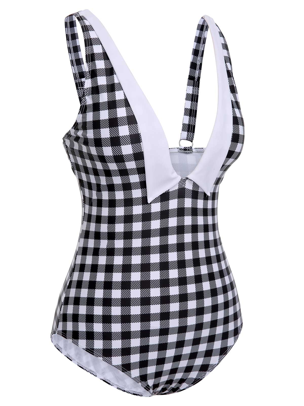 Black & White 1950s Plaid One-Piece Swimsuit - Image 3