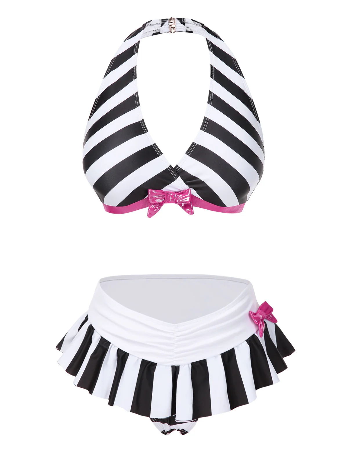 Black & White 1950s Stripe Bow Halter Bikini - Image 2