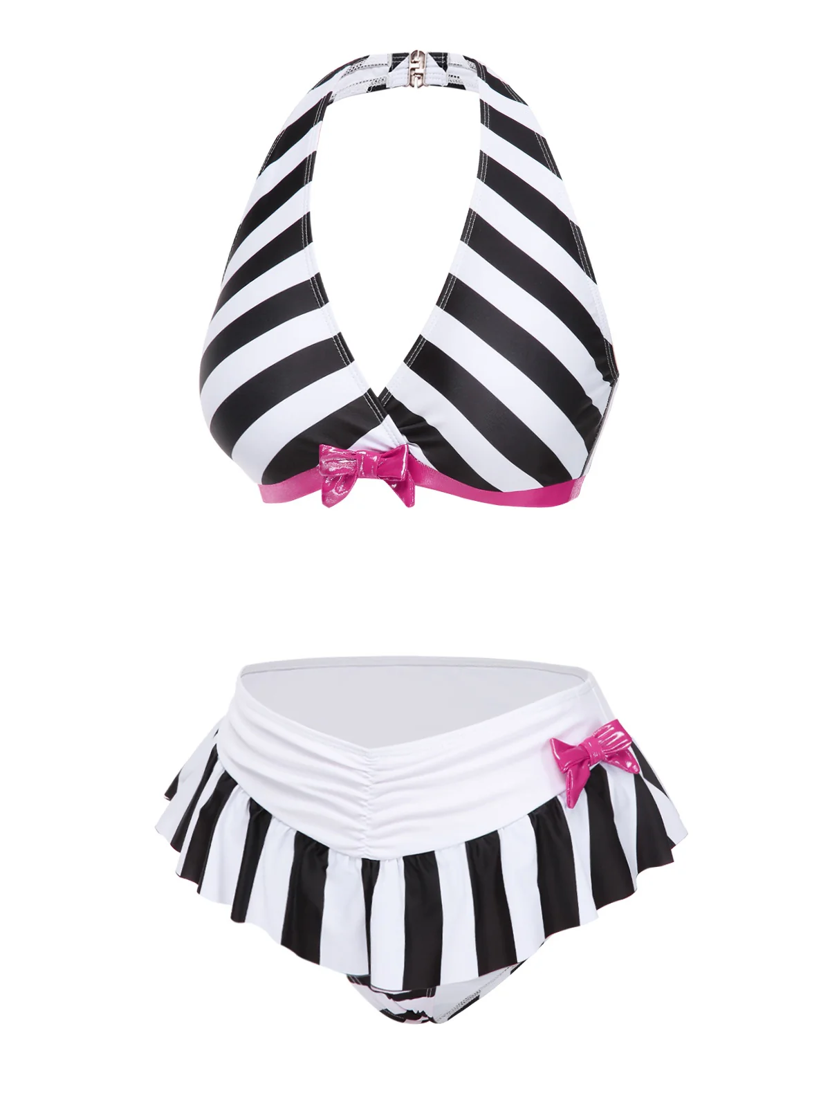 Black & White 1950s Stripe Bow Halter Bikini - Image 3