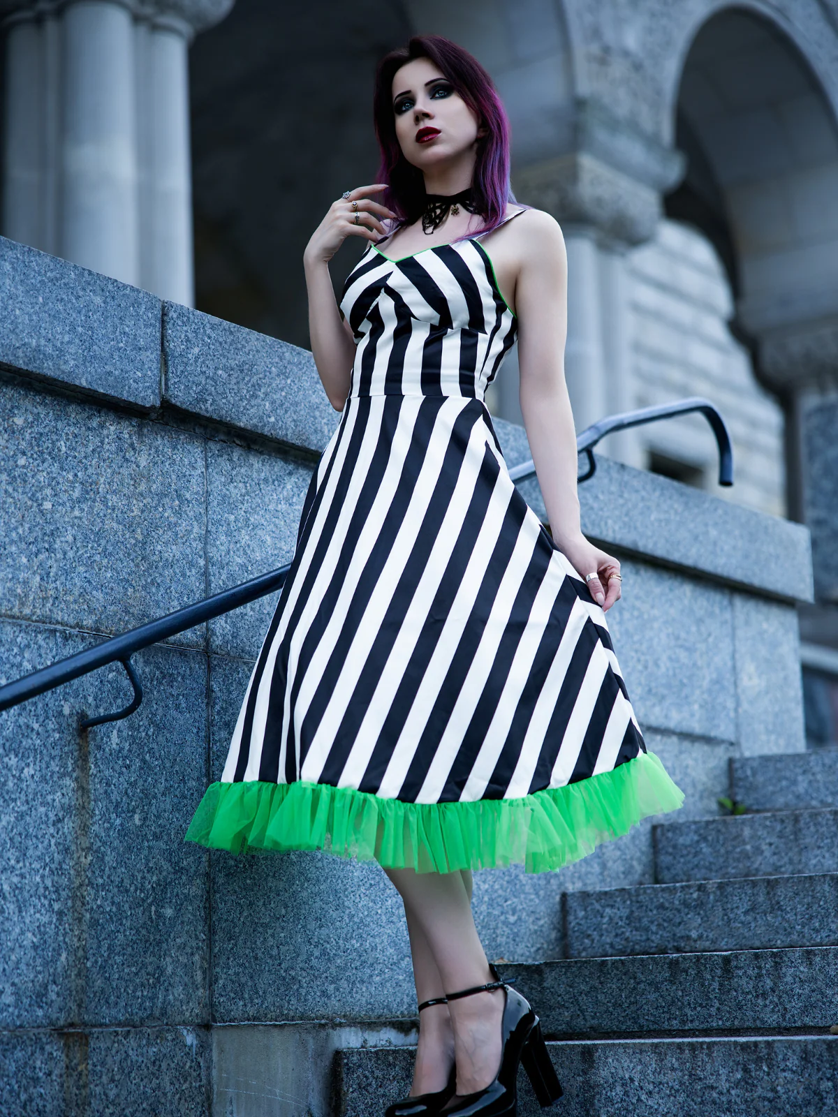 Black&White 1950s Striped Fluorescent Green Lace Dress - Image 2
