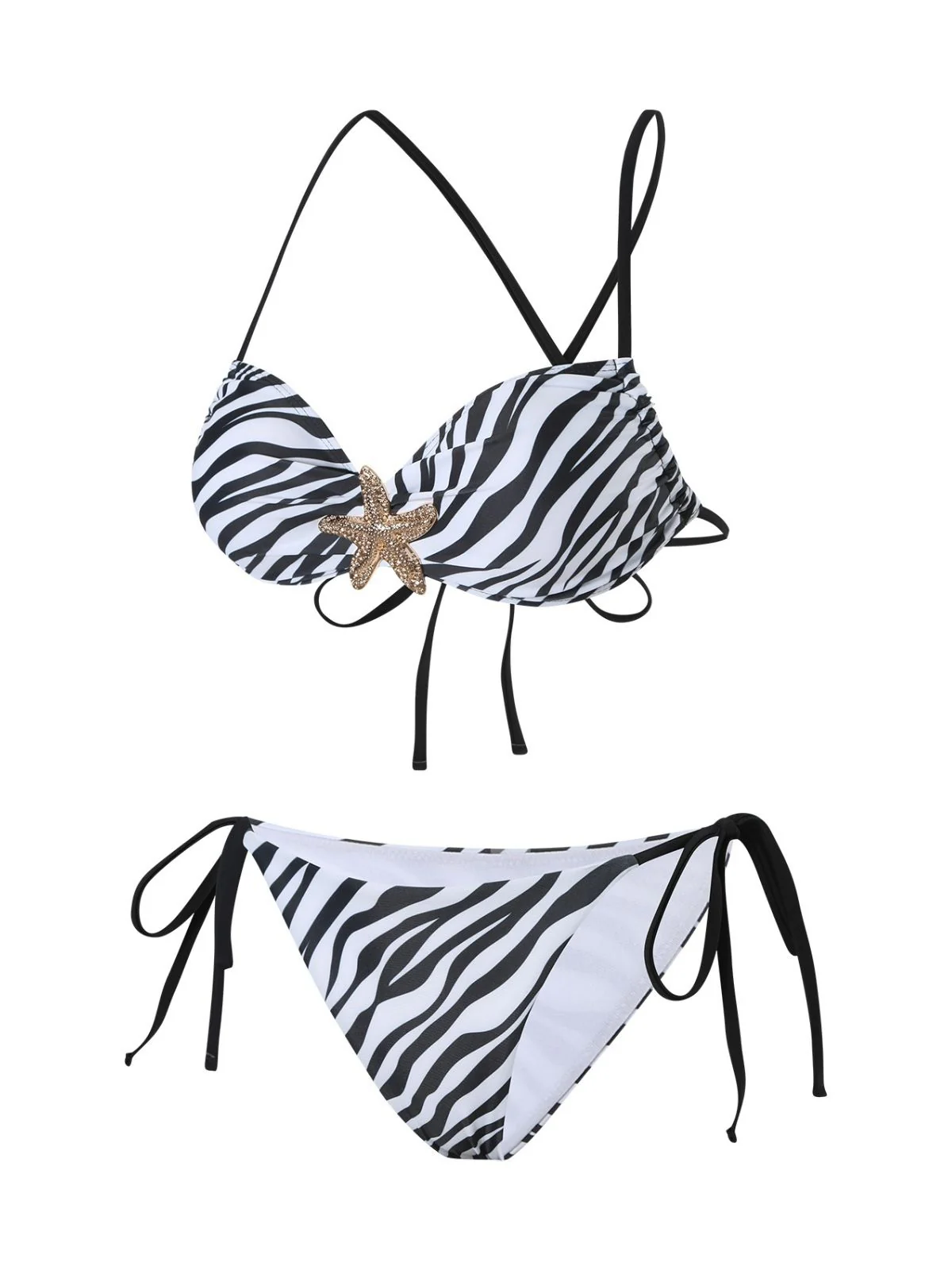 Black & White 1950s Zebra Stripes Starfish Bikini Set - Image 2