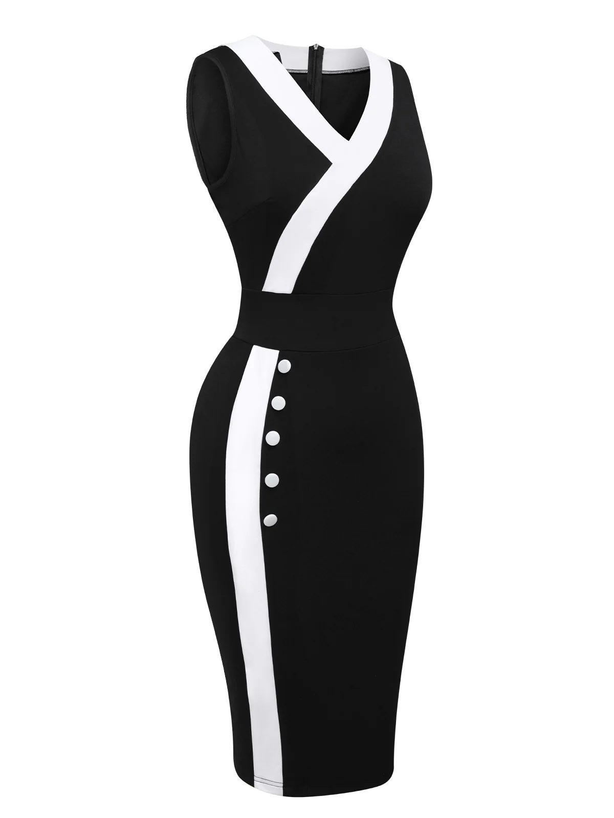 Black & White 1960s Button V-Neck Patchwork Dress - Image 2