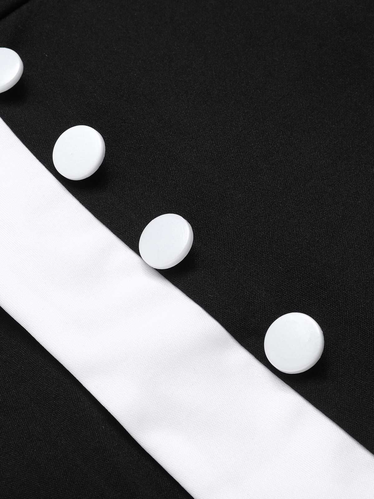 Black & White 1960s Button V-Neck Patchwork Dress - Image 4