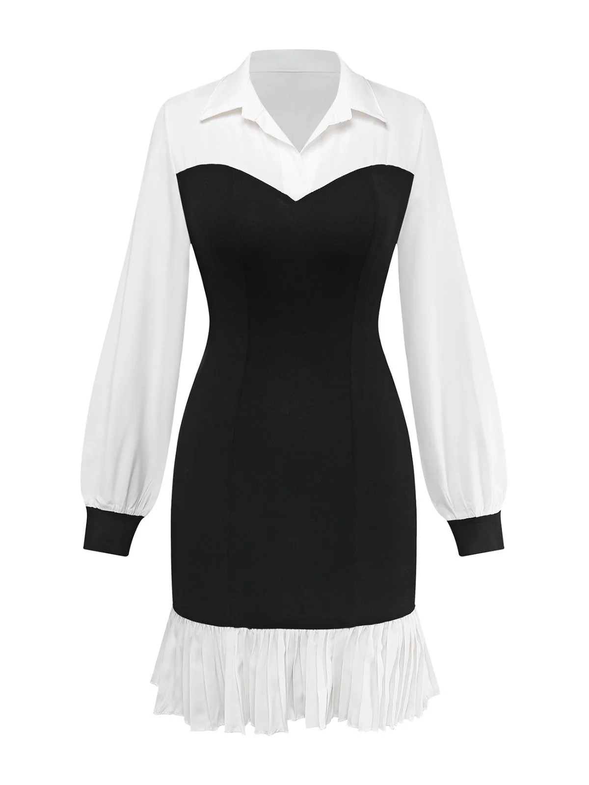 Black & White 1960s Colorblock Pleated Lapel Dress - Image 2