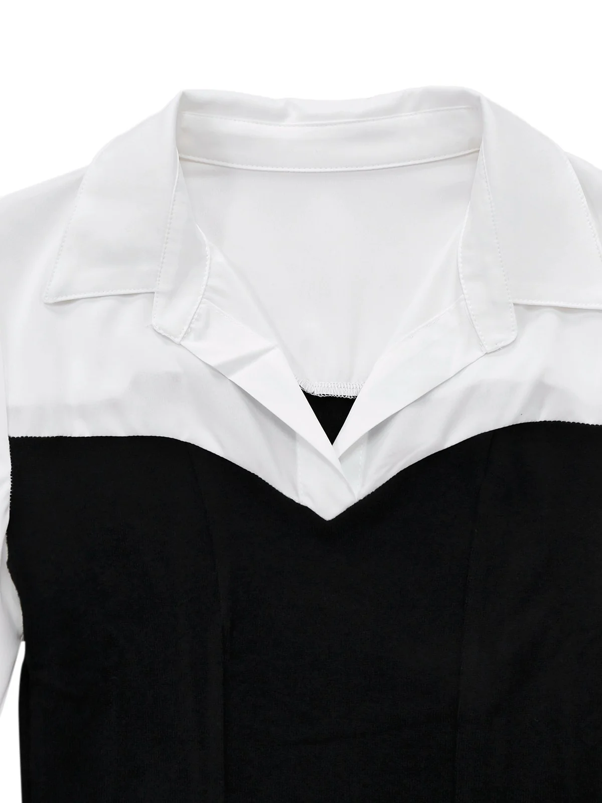 Black & White 1960s Colorblock Pleated Lapel Dress - Image 4