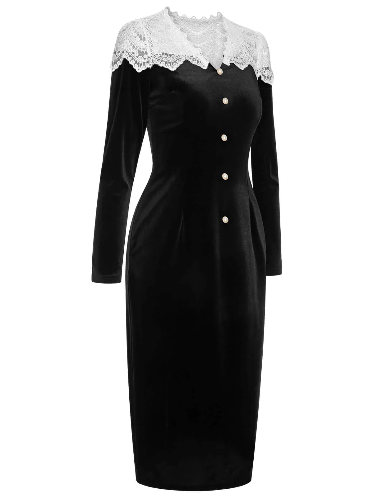 Black & White 1960s Lapel Patchwork Velvet Dress - Image 4