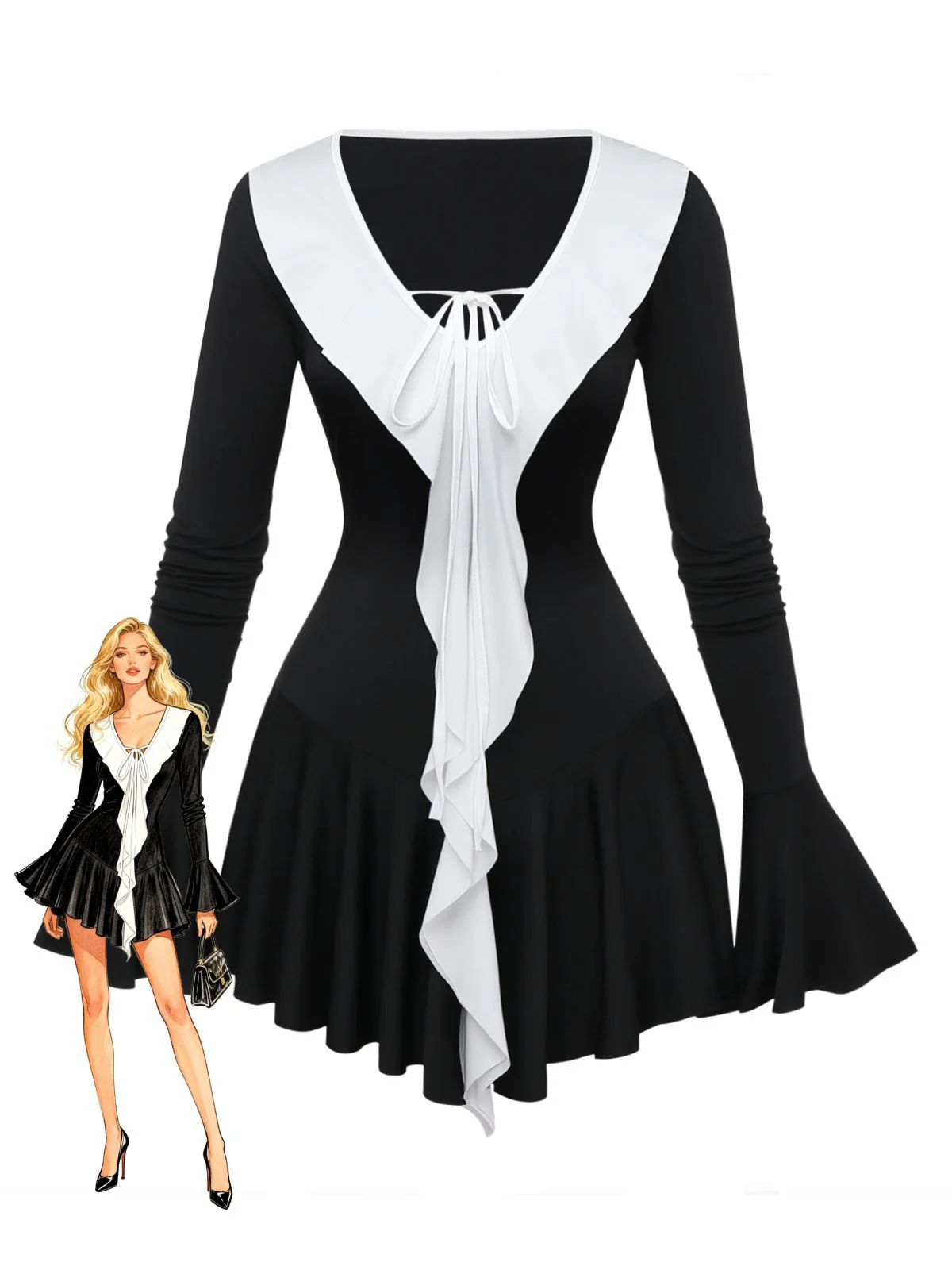 Black & White 1960s Ruffled Peplum Dress - Image 2
