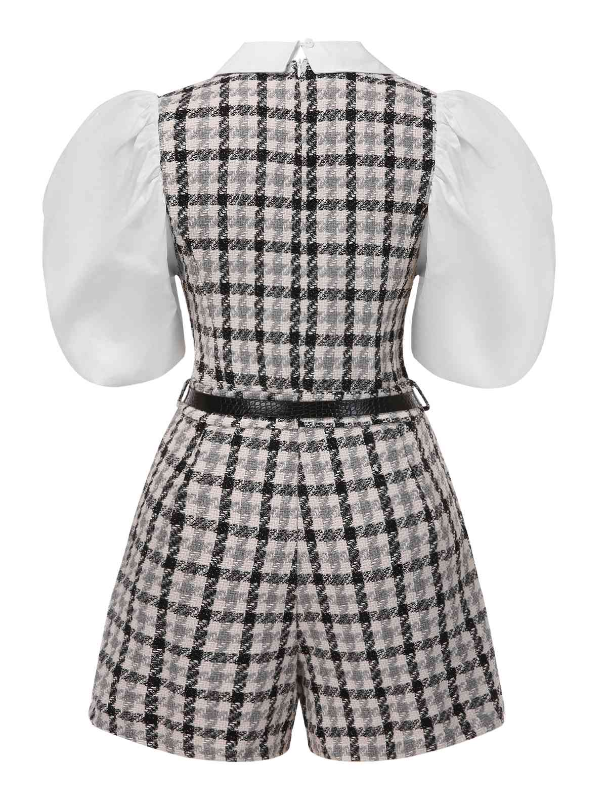 Black & White 1970s Lapel Plaid Belted Romper - Image 2