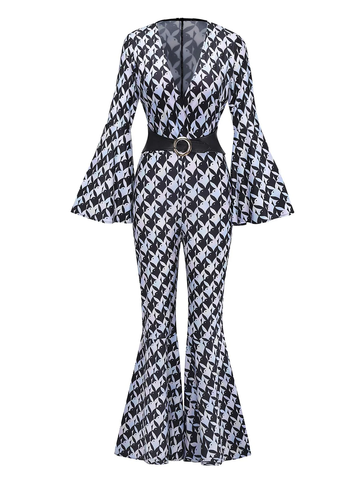 Black & White 1980s Houndstooth Bell Sleeve Jumpsuit - Image 2