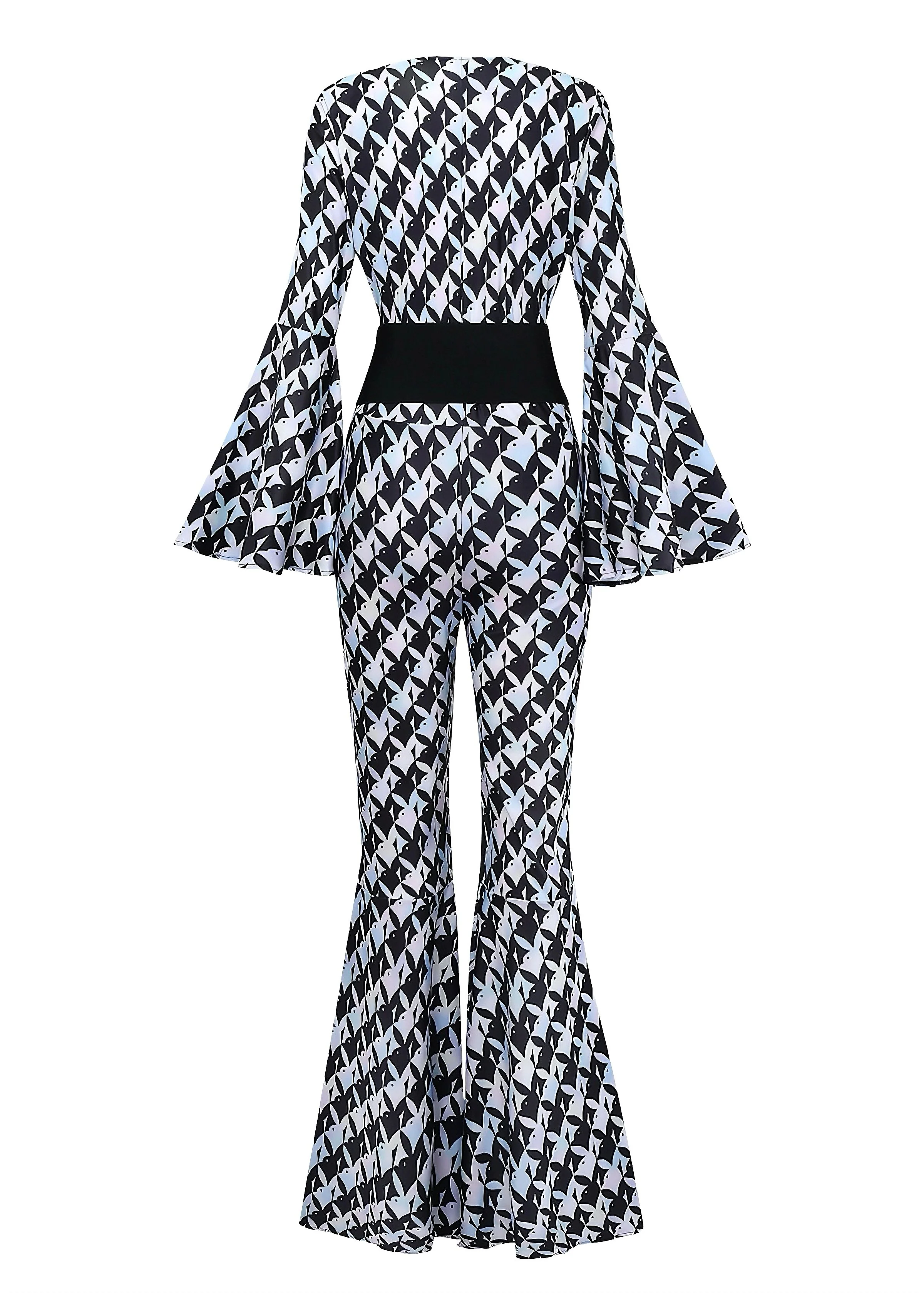 Black & White 1980s Houndstooth Bell Sleeve Jumpsuit - Image 3