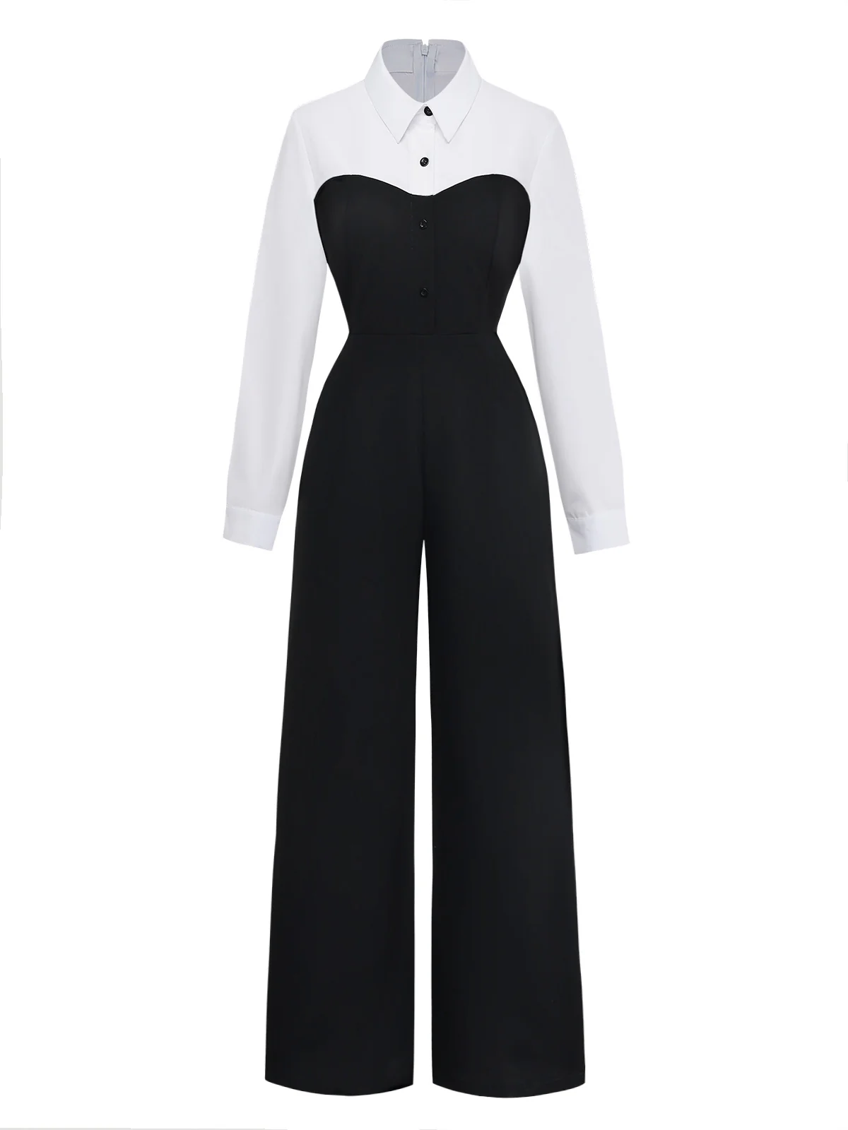 Black & White 1980s Mock Two-Piece Lapel Jumpsuit - Image 2