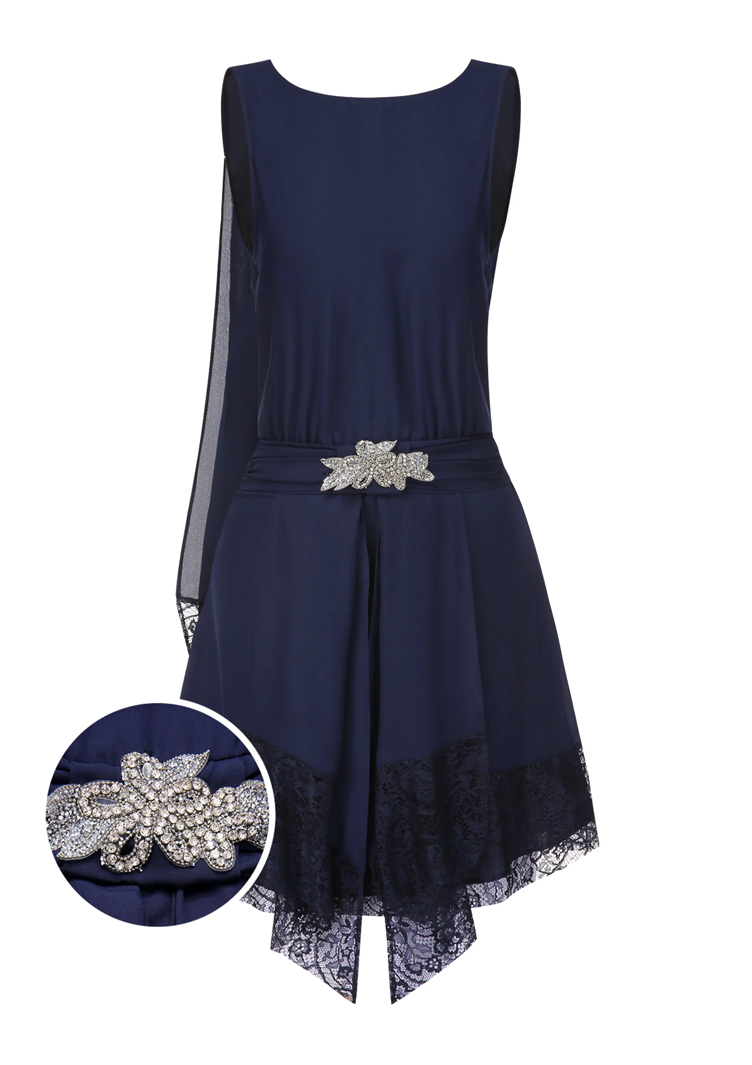 Blue 1920s Lace Patchwork Rhinestone Dress - Image 3