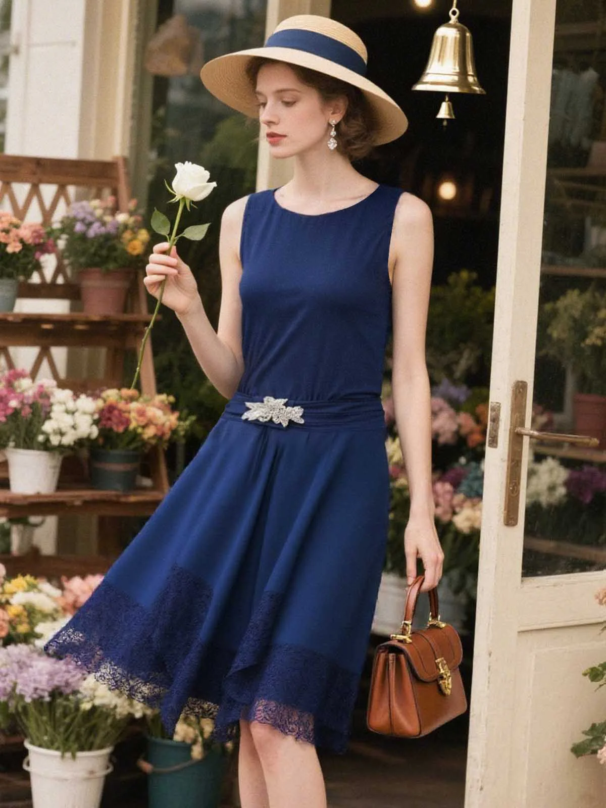 Blue 1920s Lace Patchwork Rhinestone Dress - Image 4