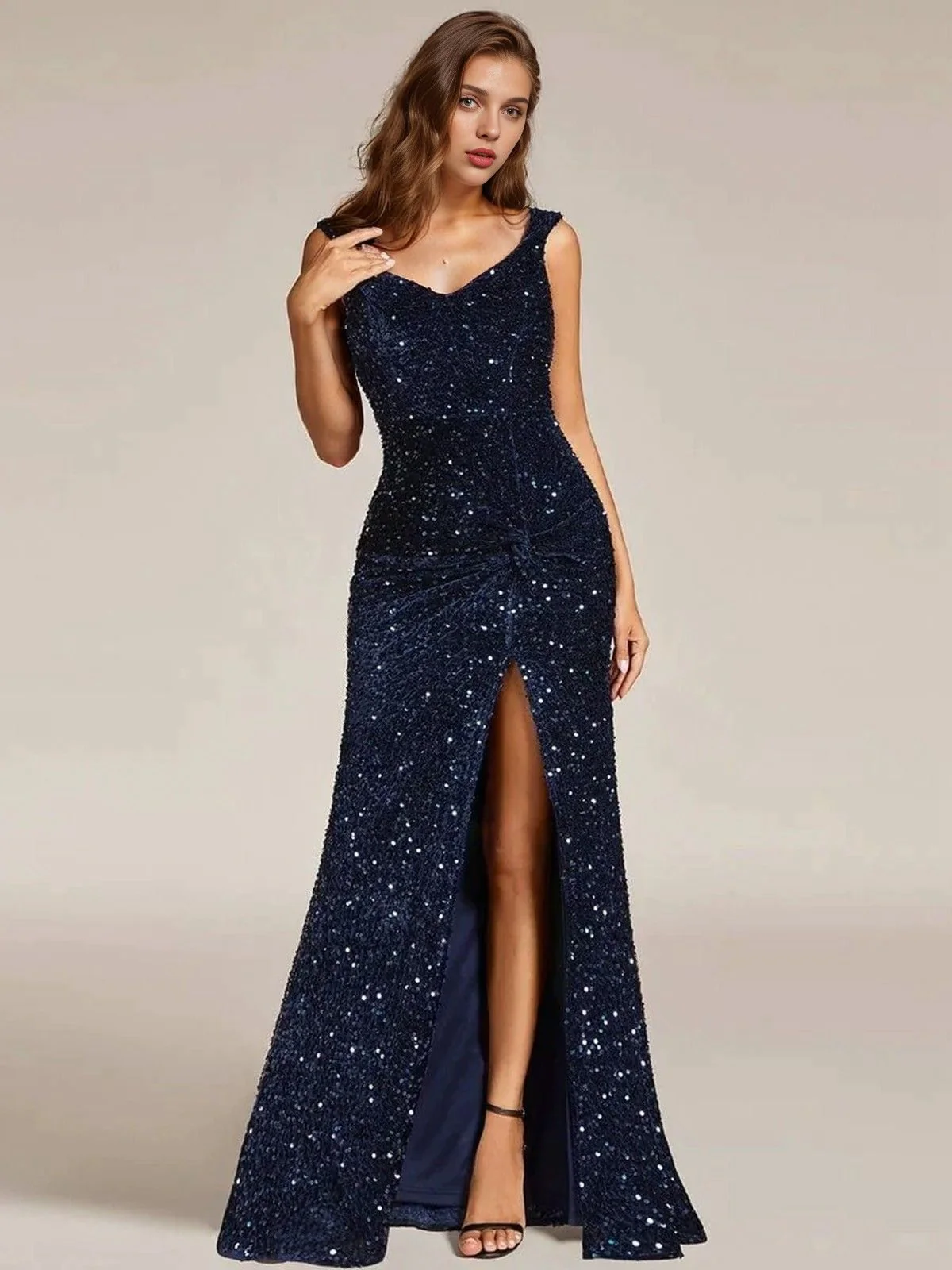 Blue 1920s Velvet Sequined High-Slit Long Dress - Image 2