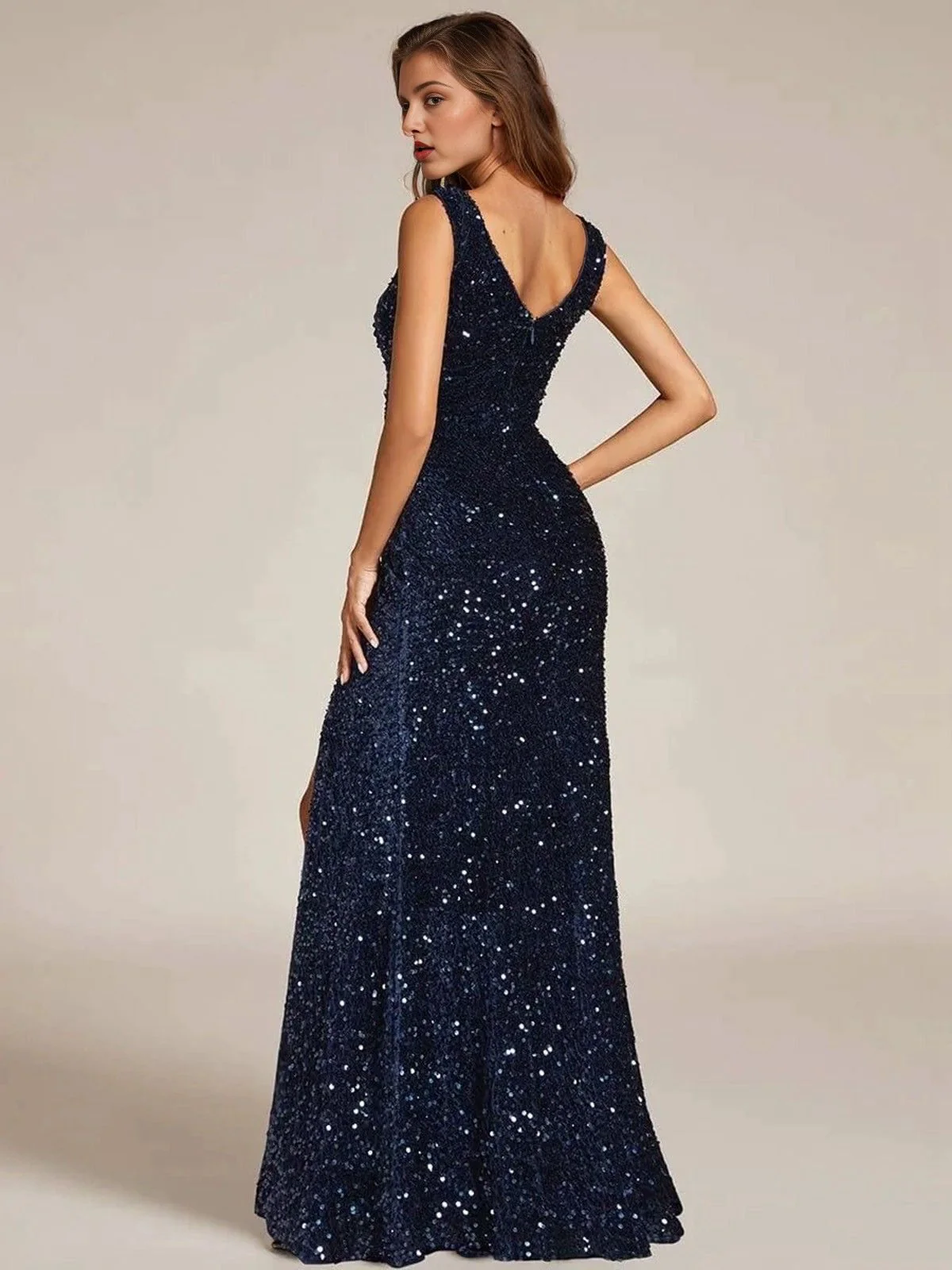 Blue 1920s Velvet Sequined High-Slit Long Dress - Image 3