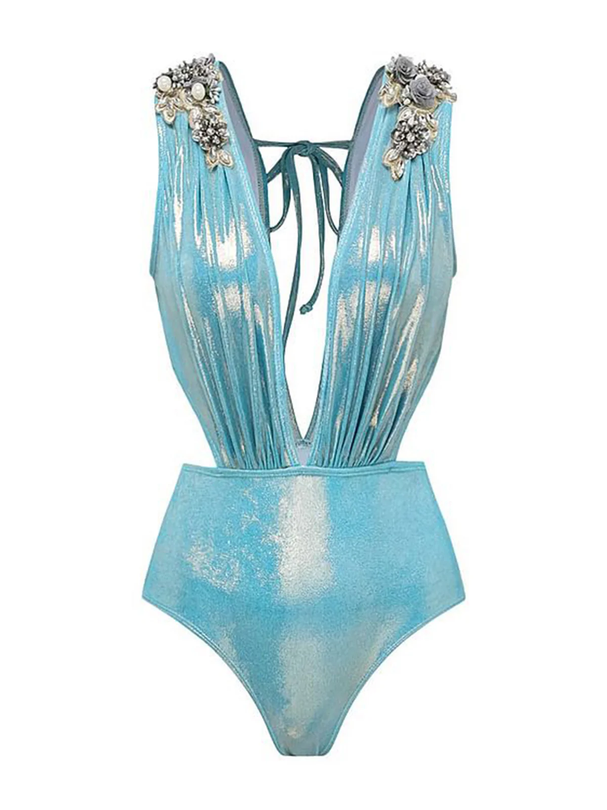 Blue 1930s Beading Shimmery One-Piece Swimsuit - Image 4
