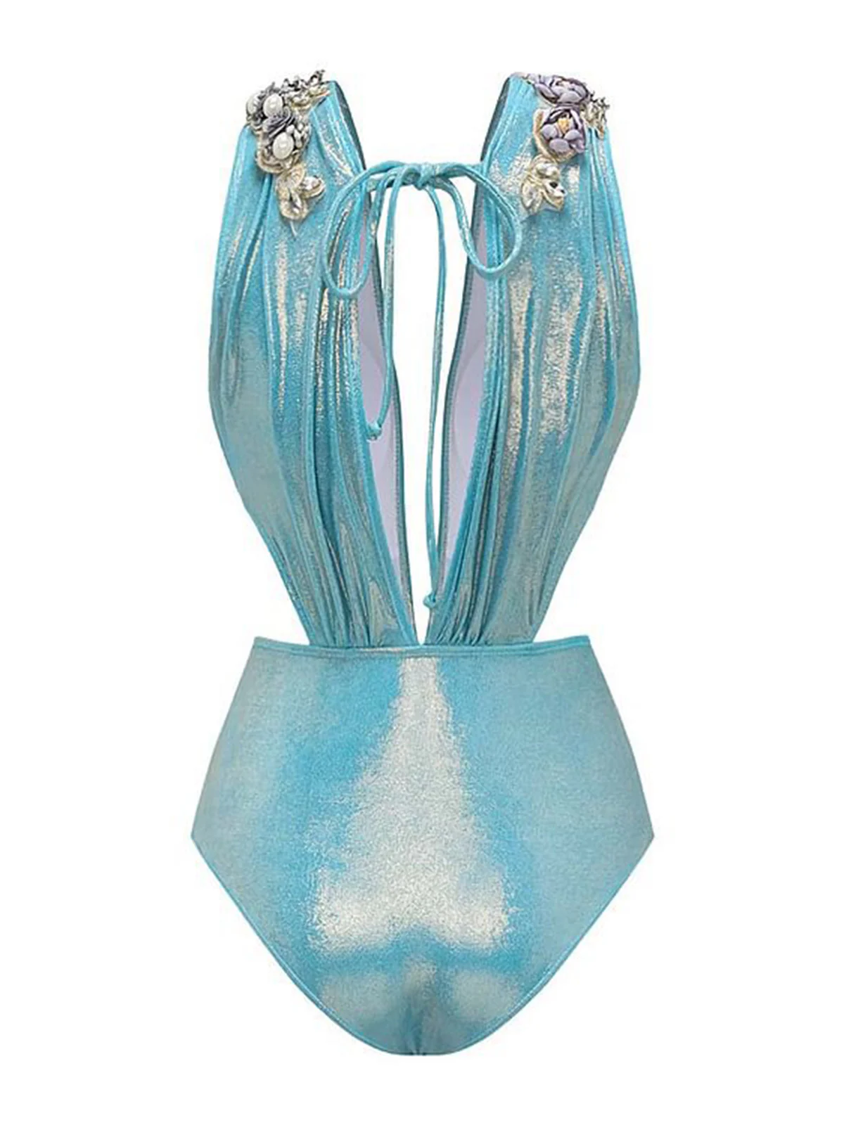 Blue 1930s Beading Shimmery One-Piece Swimsuit - Image 5