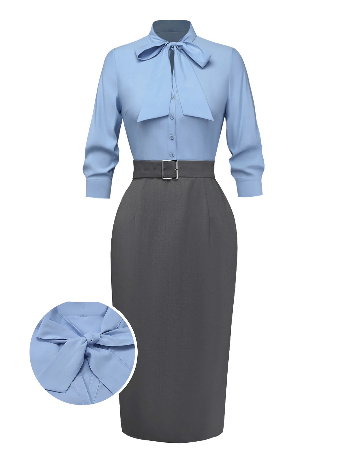 Blue 1930s Bow Tie Belted Pencil Dress - Image 2