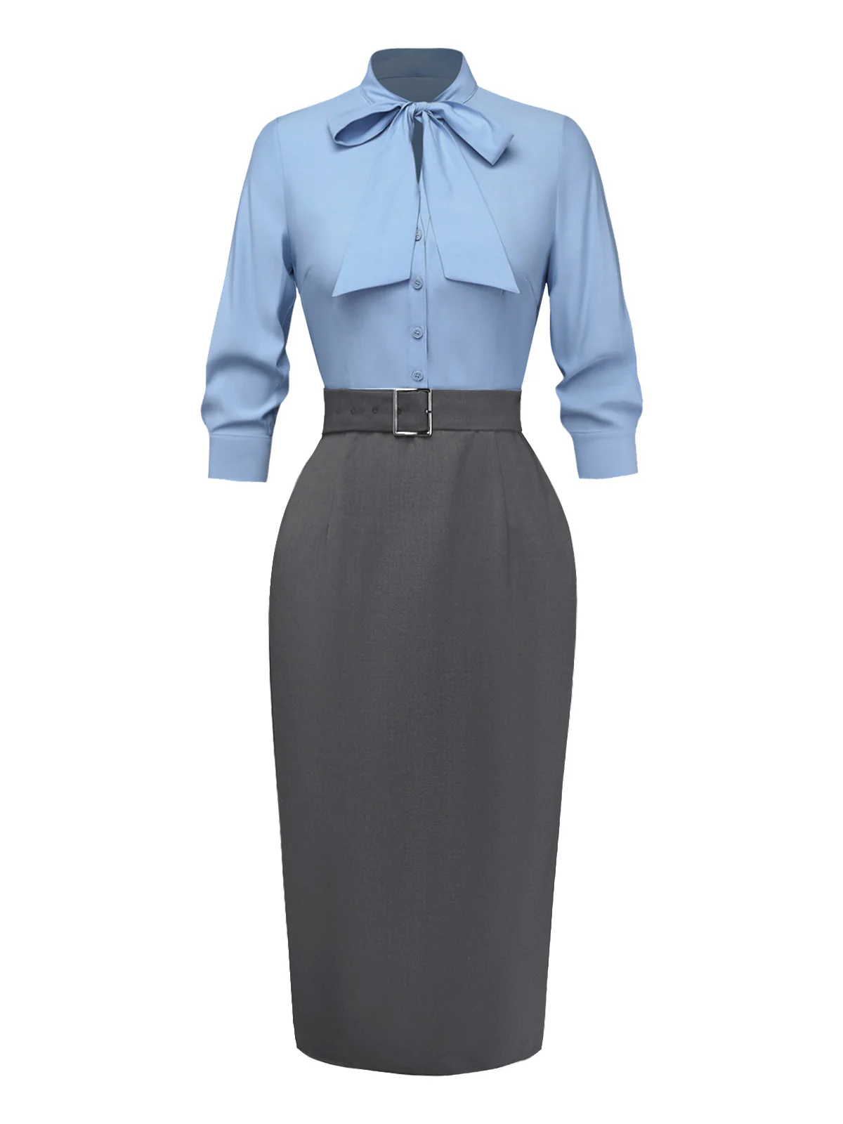 Blue 1930s Bow Tie Belted Pencil Dress - Image 3