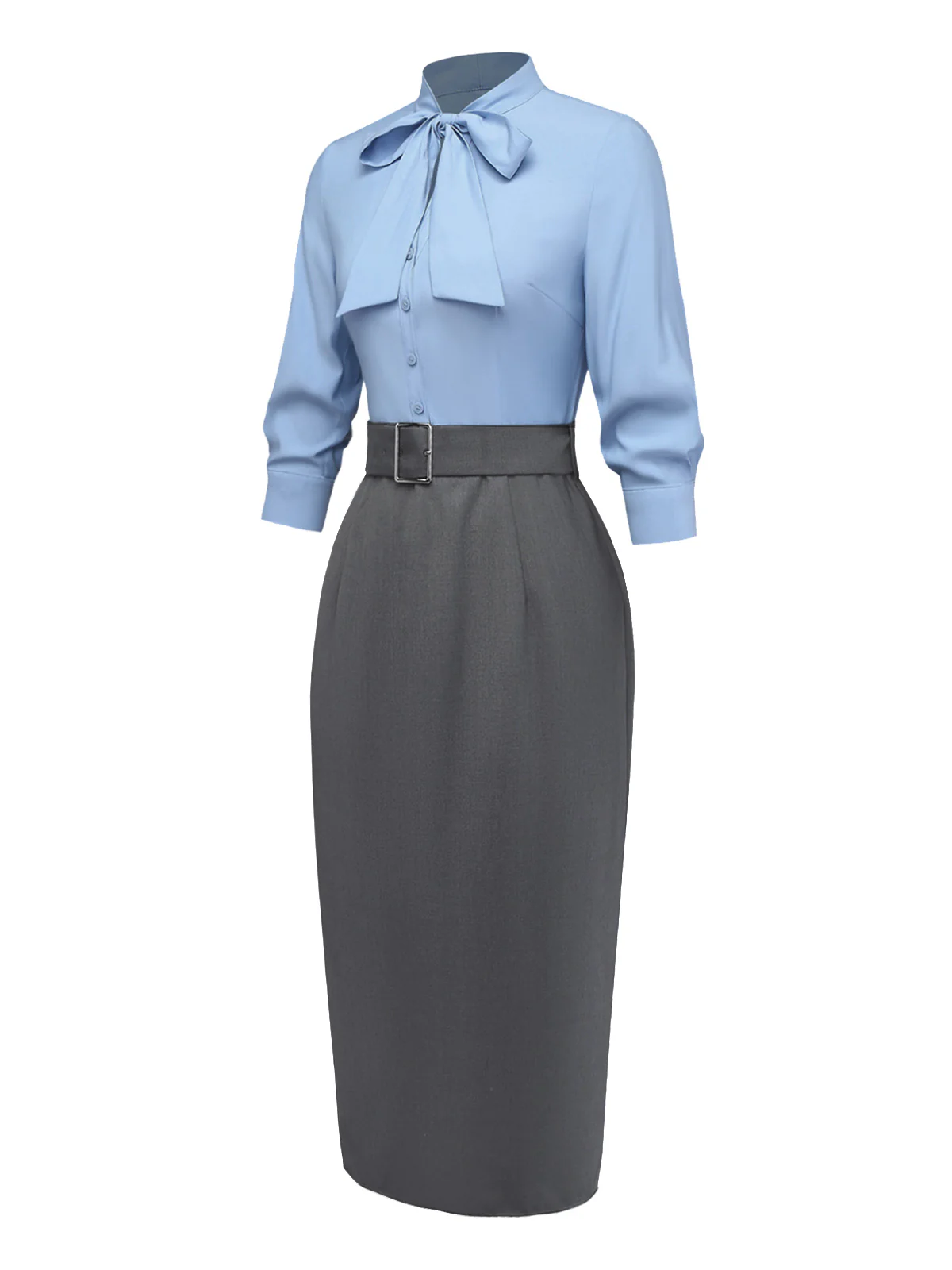 Blue 1930s Bow Tie Belted Pencil Dress - Image 4