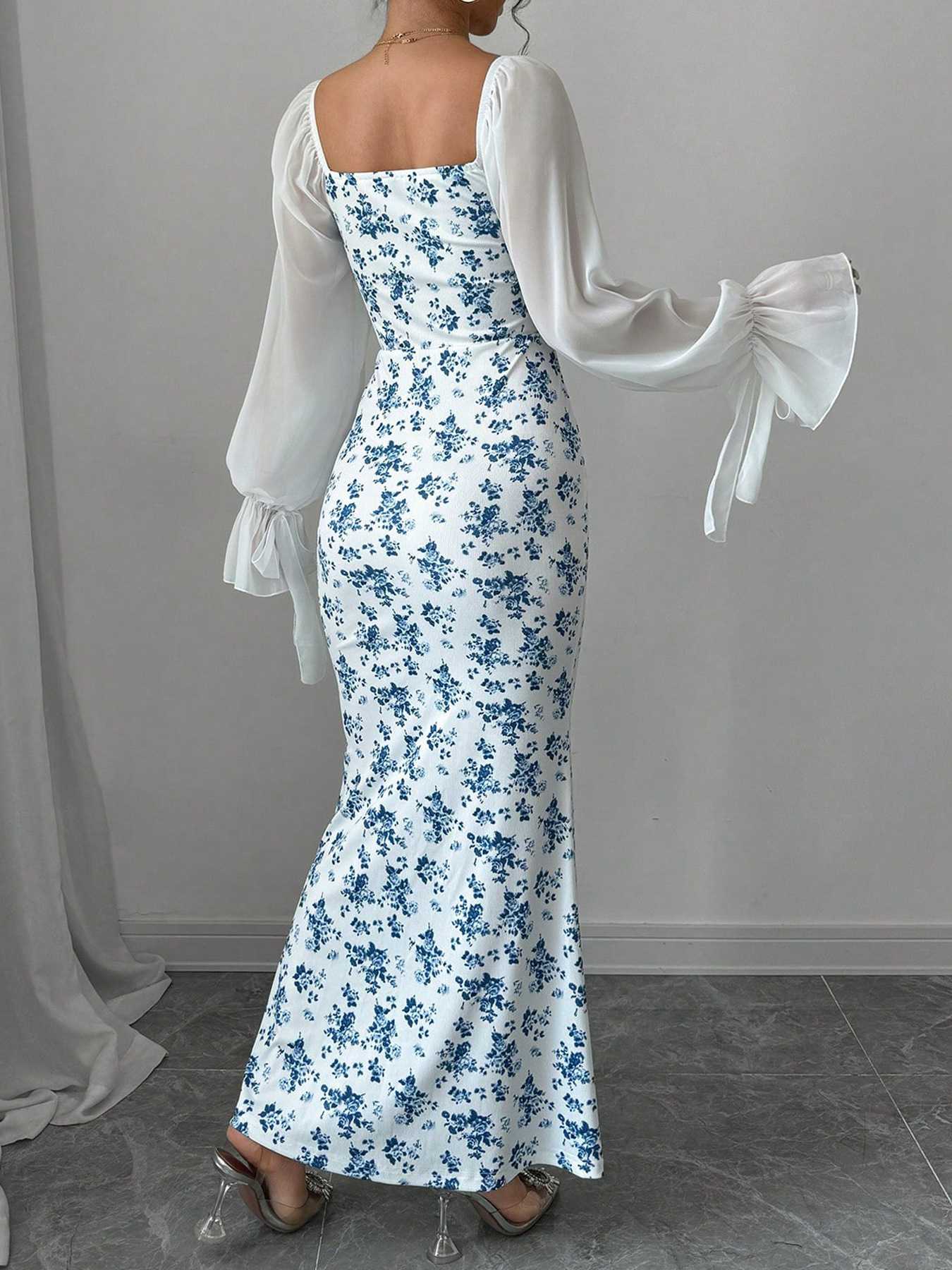 Blue 1930s Chiffon Sleeves Ditsy Floral Dress - Image 2
