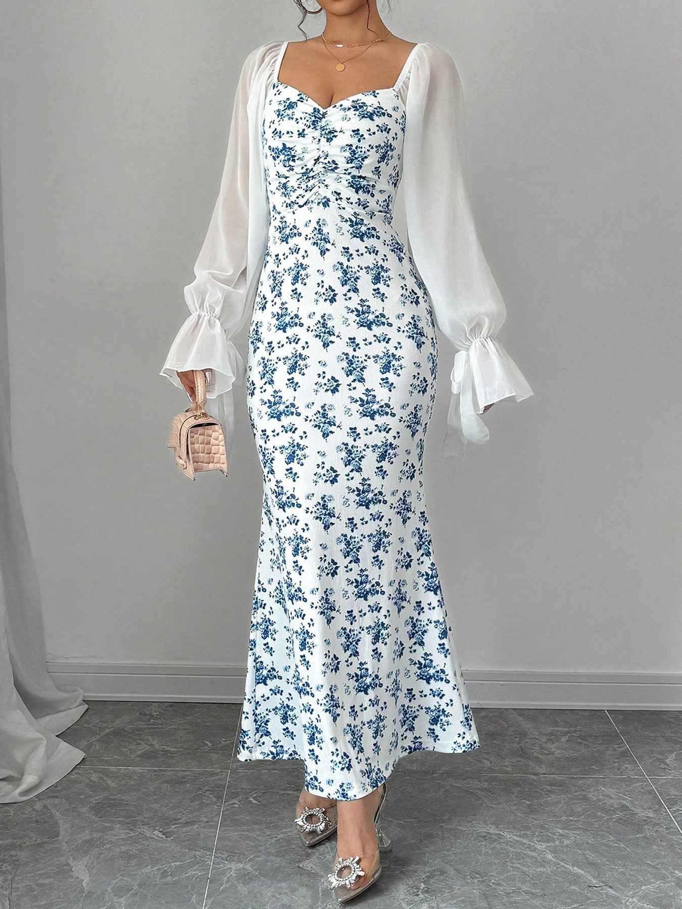 Blue 1930s Chiffon Sleeves Ditsy Floral Dress - Image 3