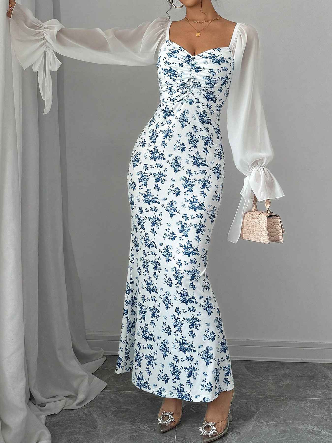 Blue 1930s Chiffon Sleeves Ditsy Floral Dress - Image 4