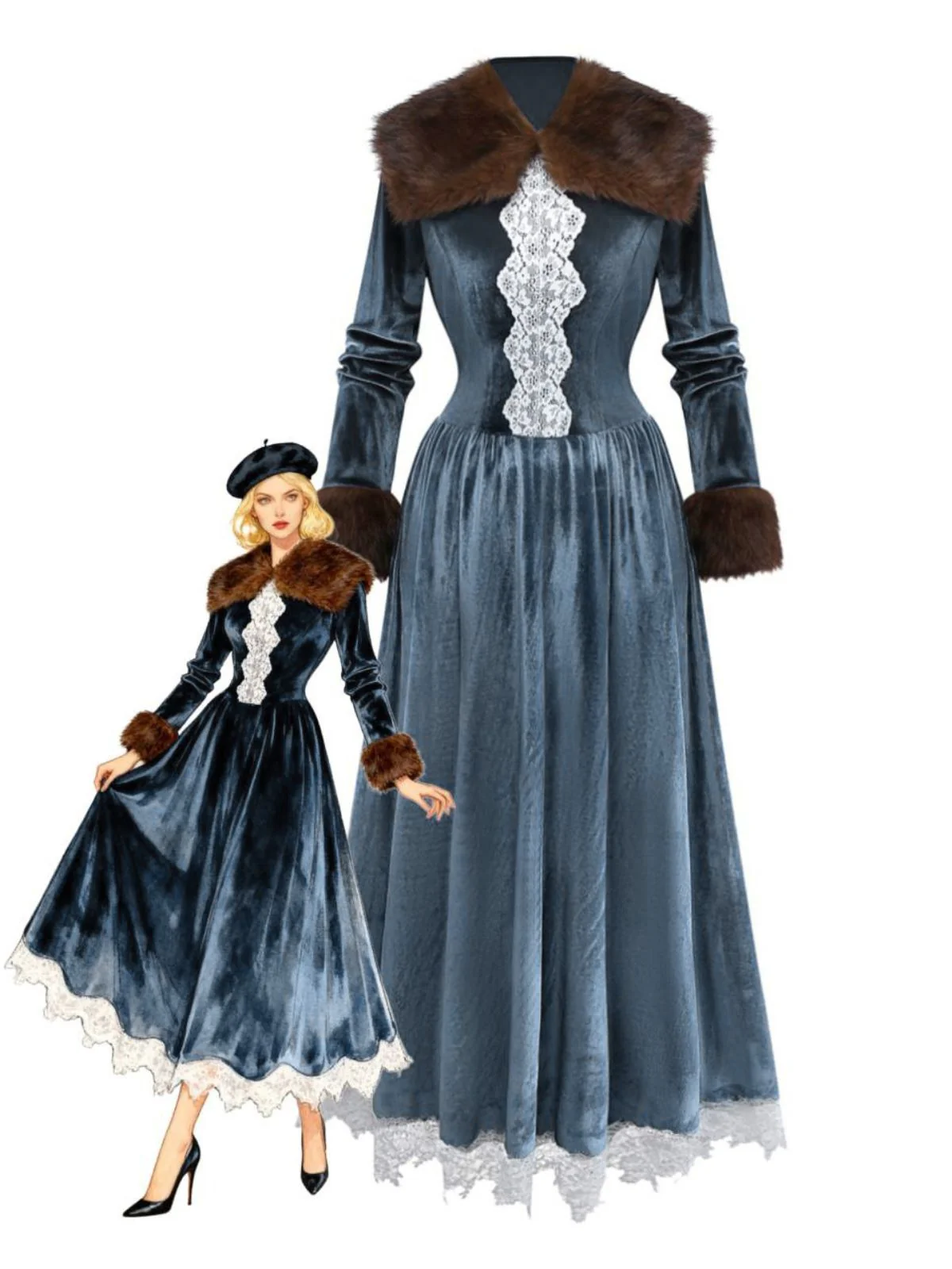 Blue 1930s Faux Fur Lace Patchwork Velvet Dress - Image 2