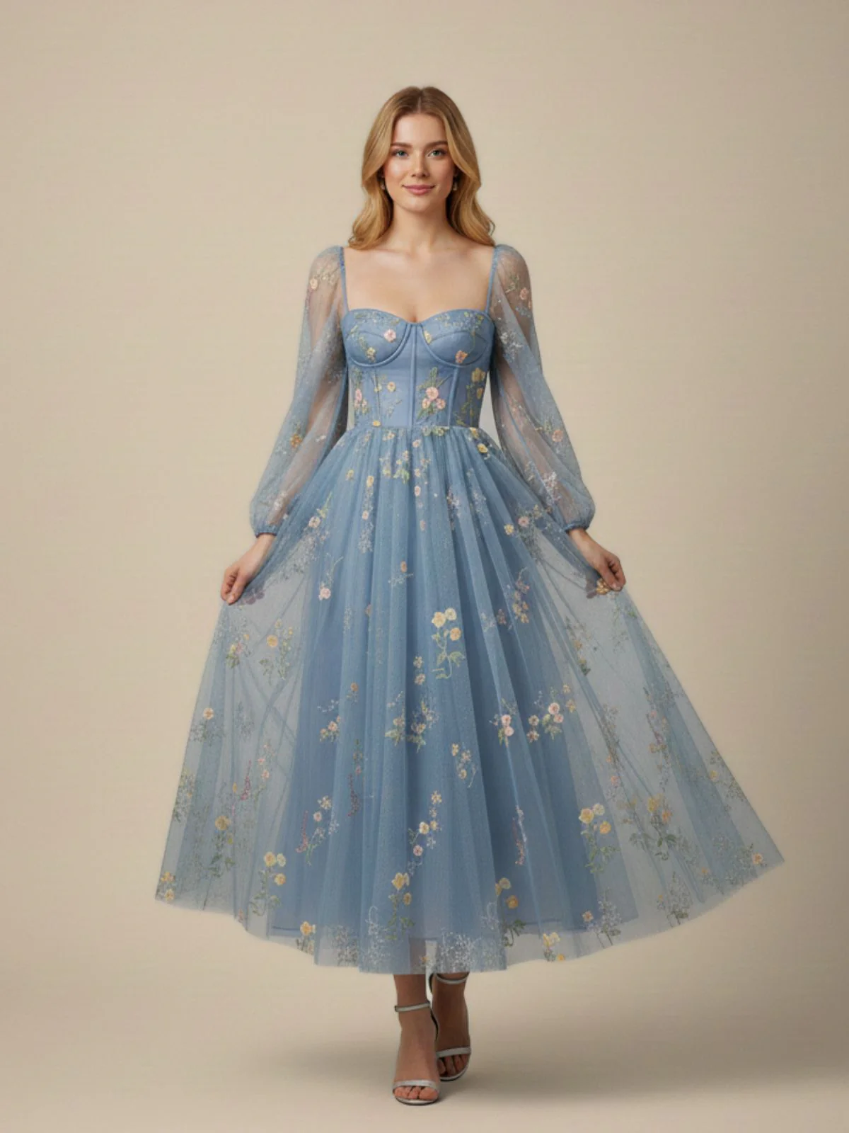 Blue 1930s Floral Embroidered Mesh Long Sleeve Dress - Image 2