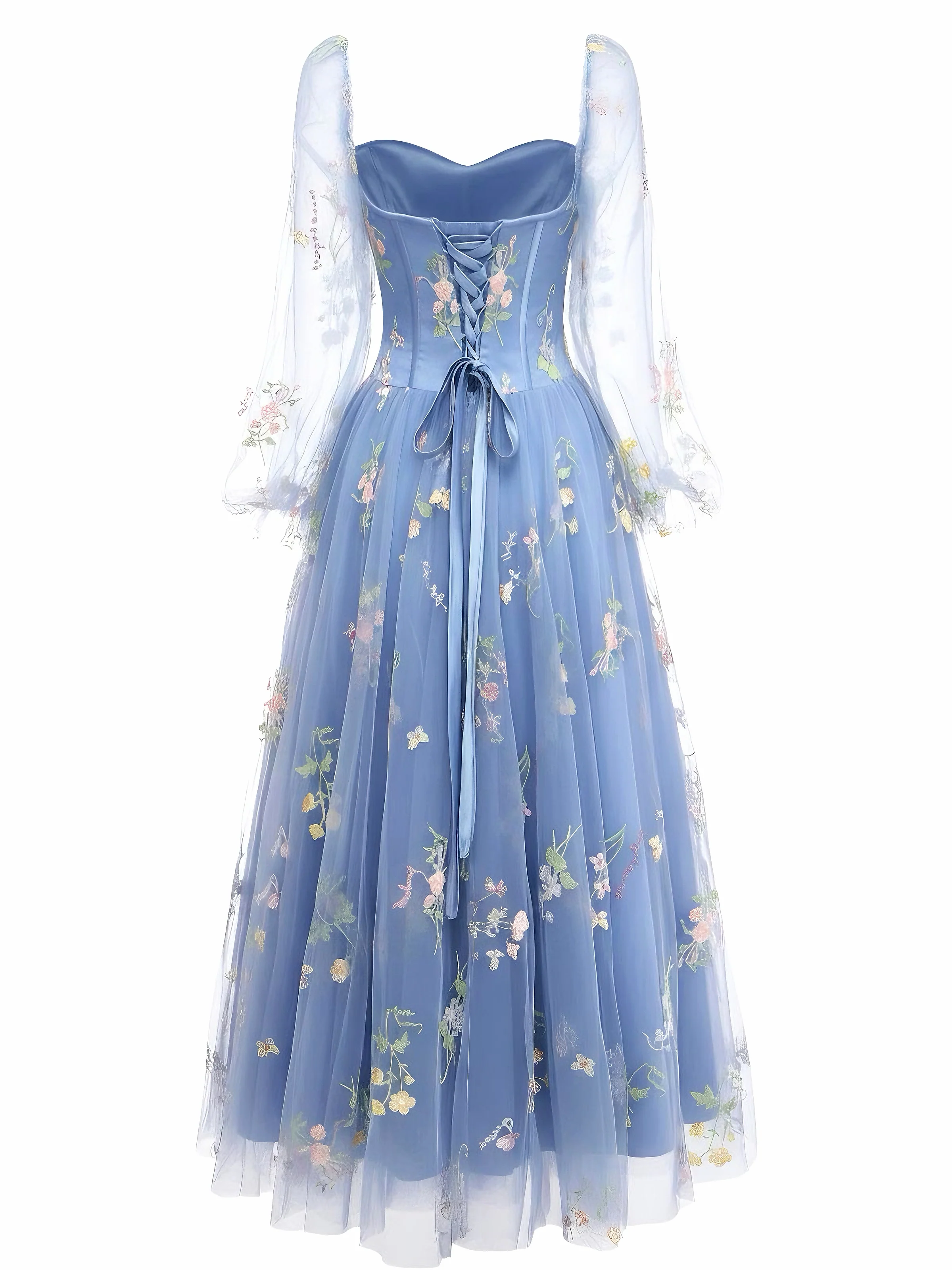 Blue 1930s Floral Embroidered Mesh Long Sleeve Dress - Image 2