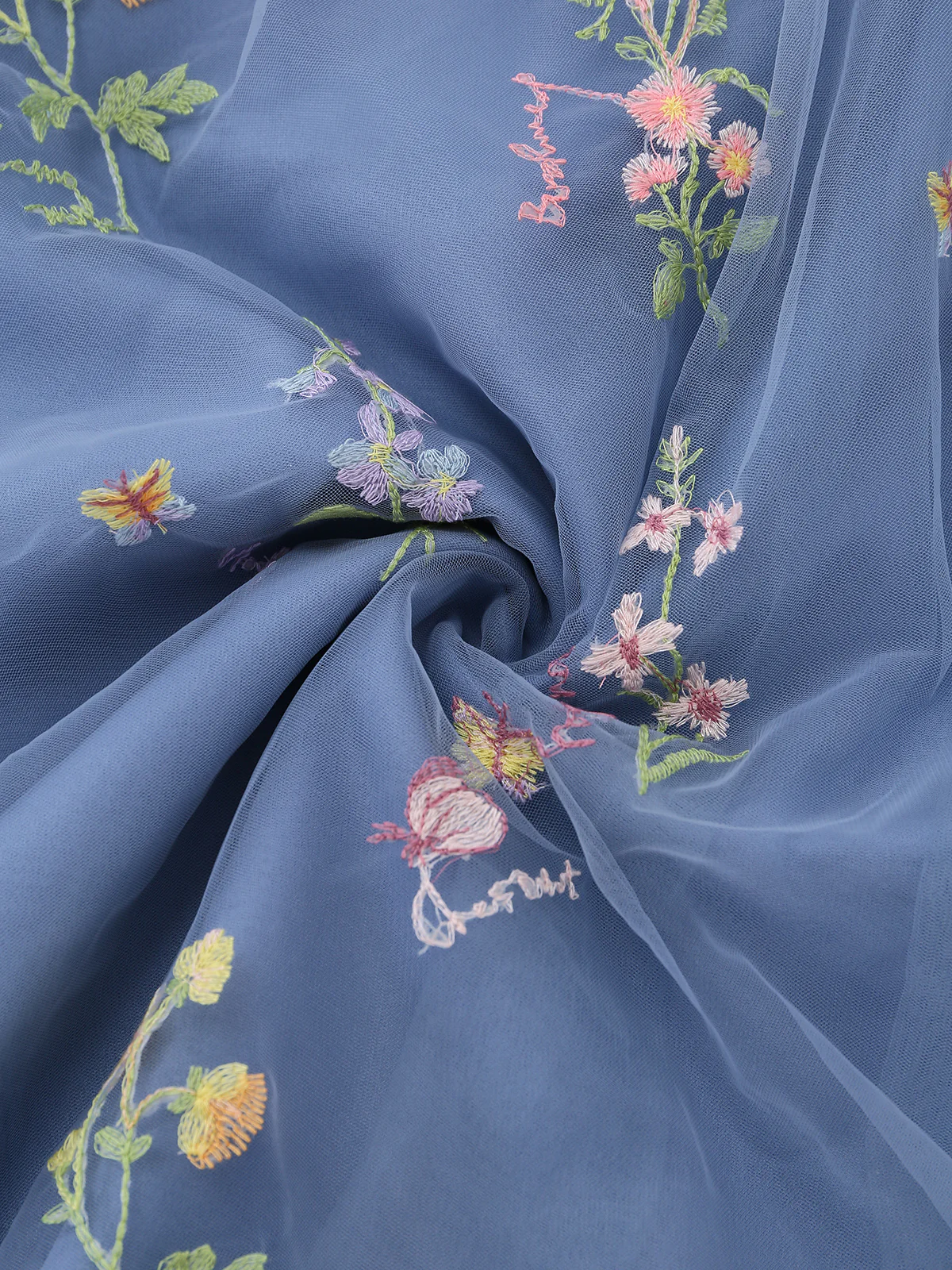Blue 1930s Floral Embroidered Mesh Long Sleeve Dress - Image 4
