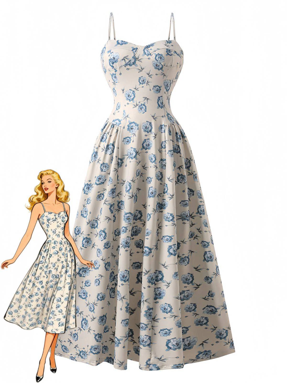 Blue 1930s Floral Spaghetti Strap Maxi Dress