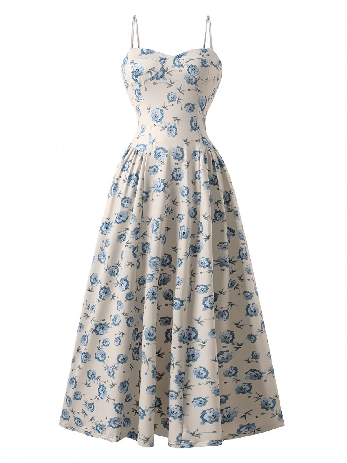 Blue 1930s Floral Spaghetti Strap Maxi Dress - Image 2