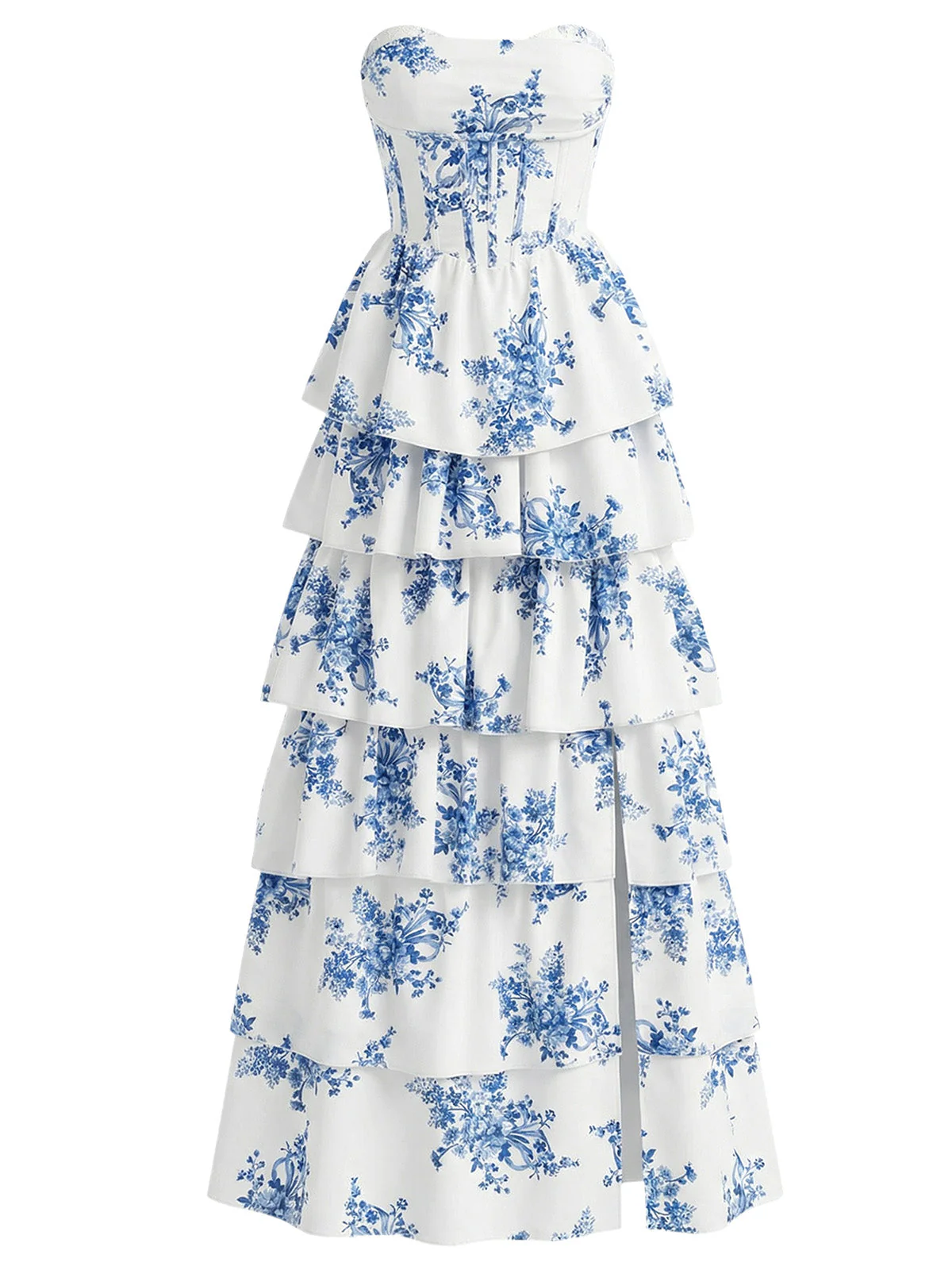 Blue 1930s Floral Strapless Fishbone Tiered Long Dress - Image 2