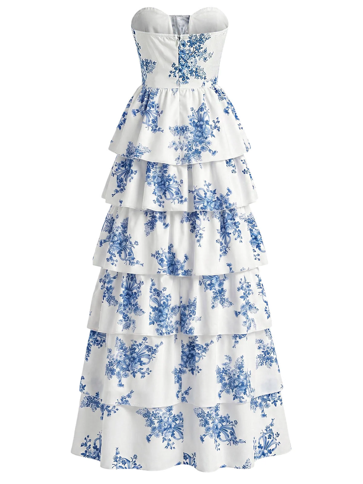 Blue 1930s Floral Strapless Fishbone Tiered Long Dress - Image 3