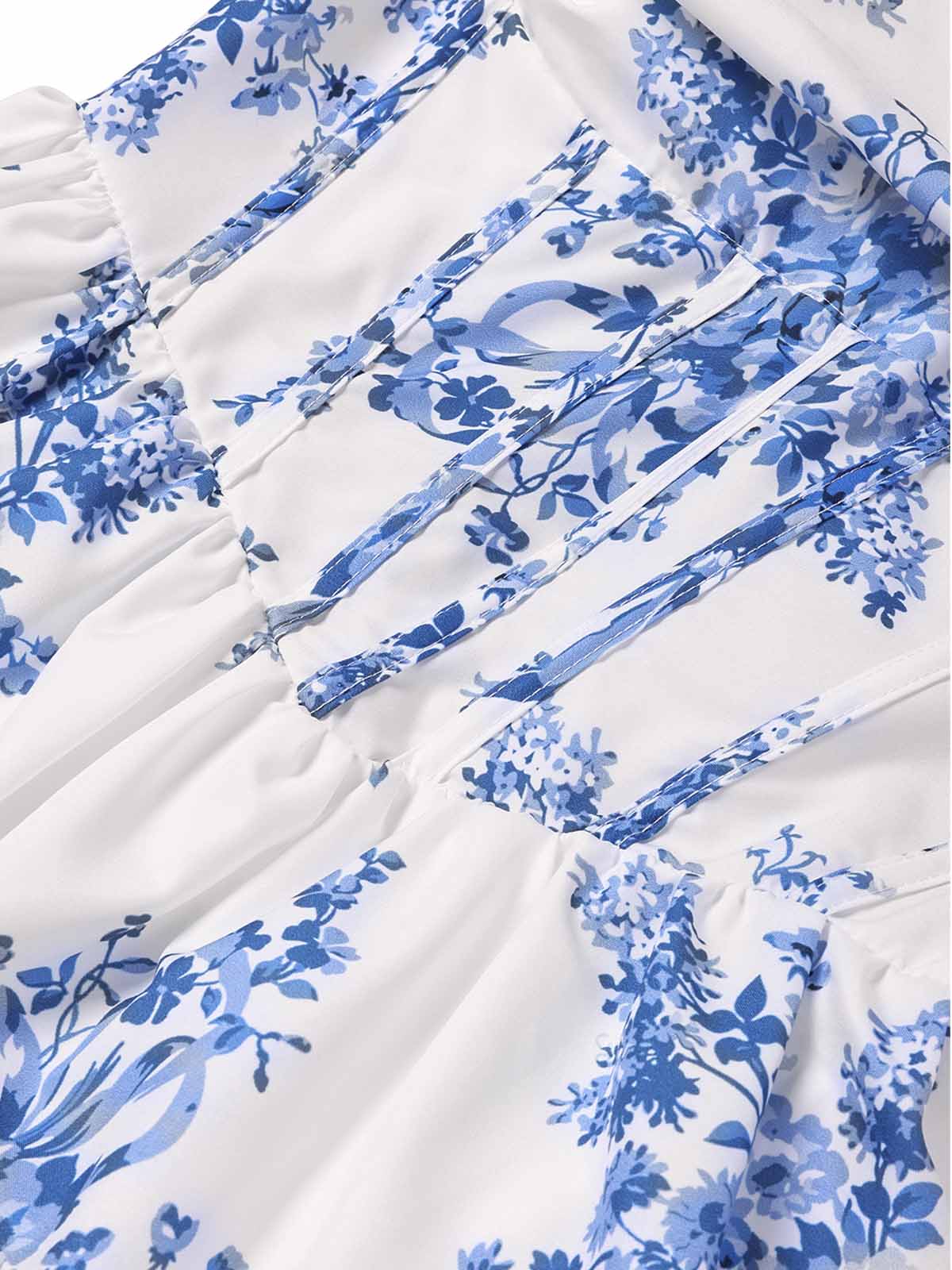 Blue 1930s Floral Strapless Fishbone Tiered Long Dress - Image 4