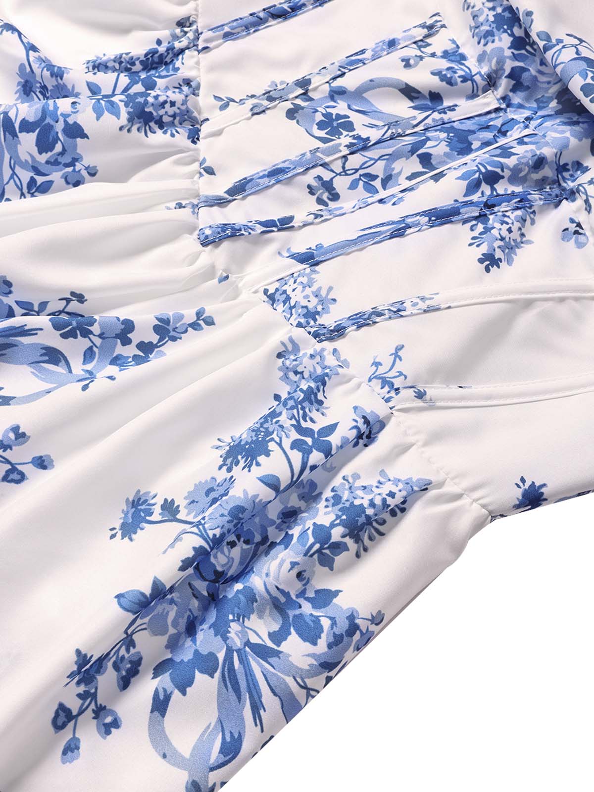 Blue 1930s Floral Strapless Fishbone Tiered Long Dress - Image 5