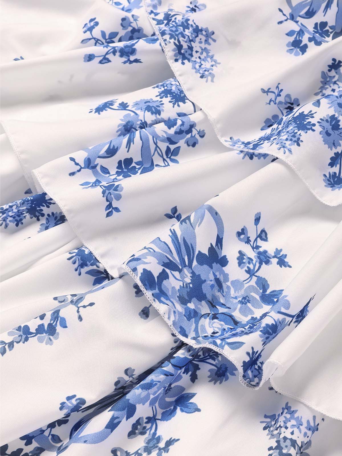 Blue 1930s Floral Strapless Fishbone Tiered Long Dress - Image 6